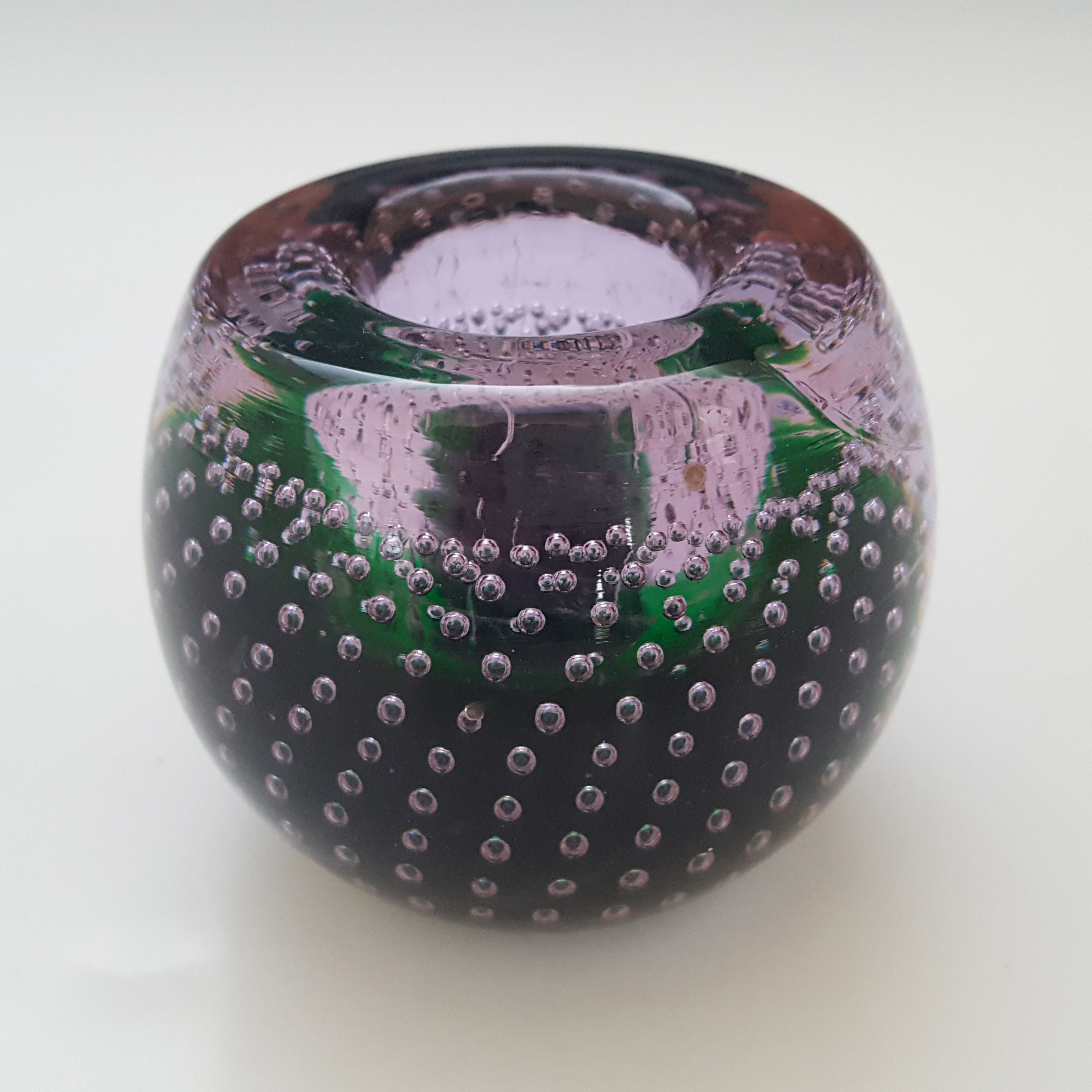Galliano Ferro Murano Green & Lilac Glass Bubble Candle Holder - Click Image to Close