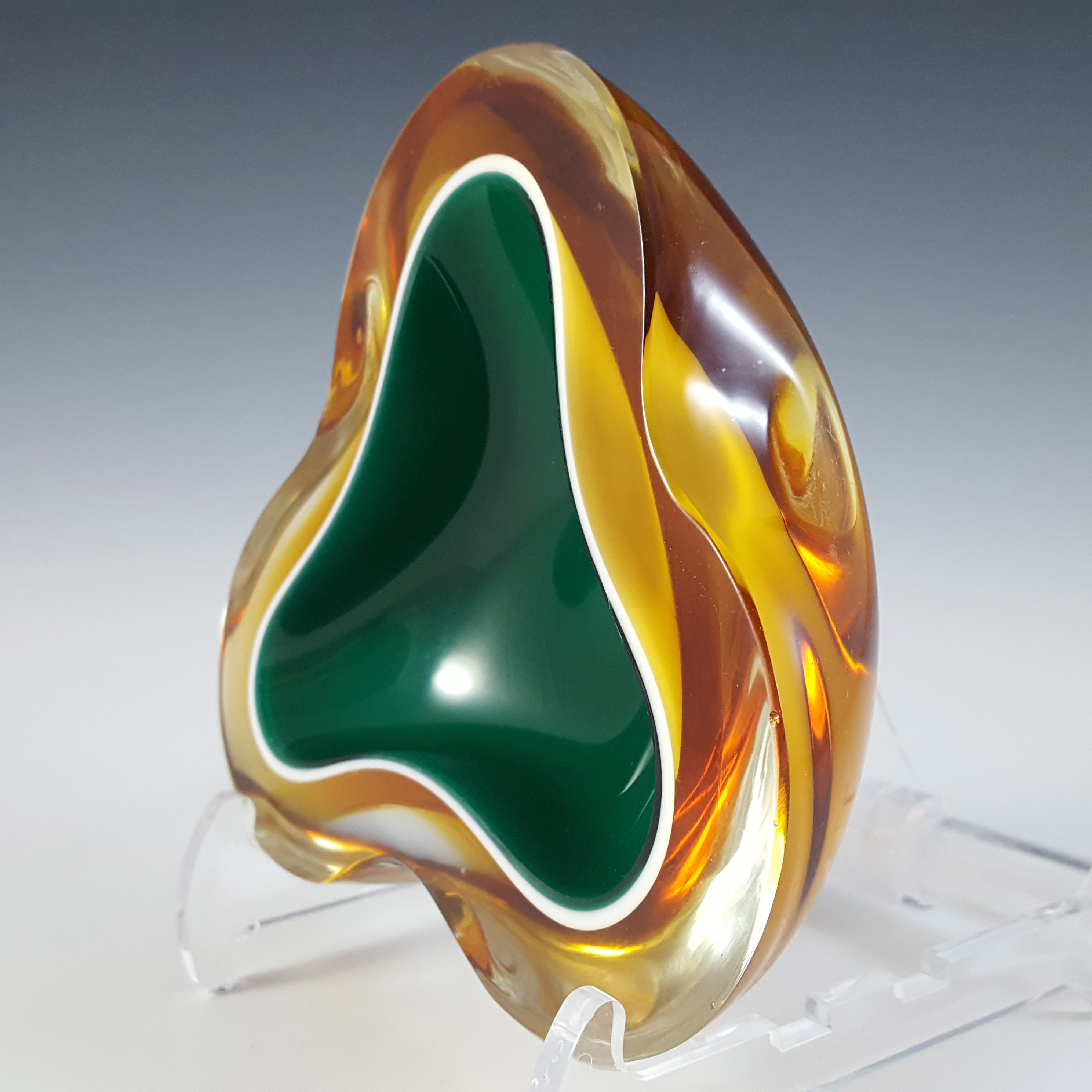 (image for) Murano Green, White & Amber Sommerso Glass Geode Bowl - Click Image to Close
