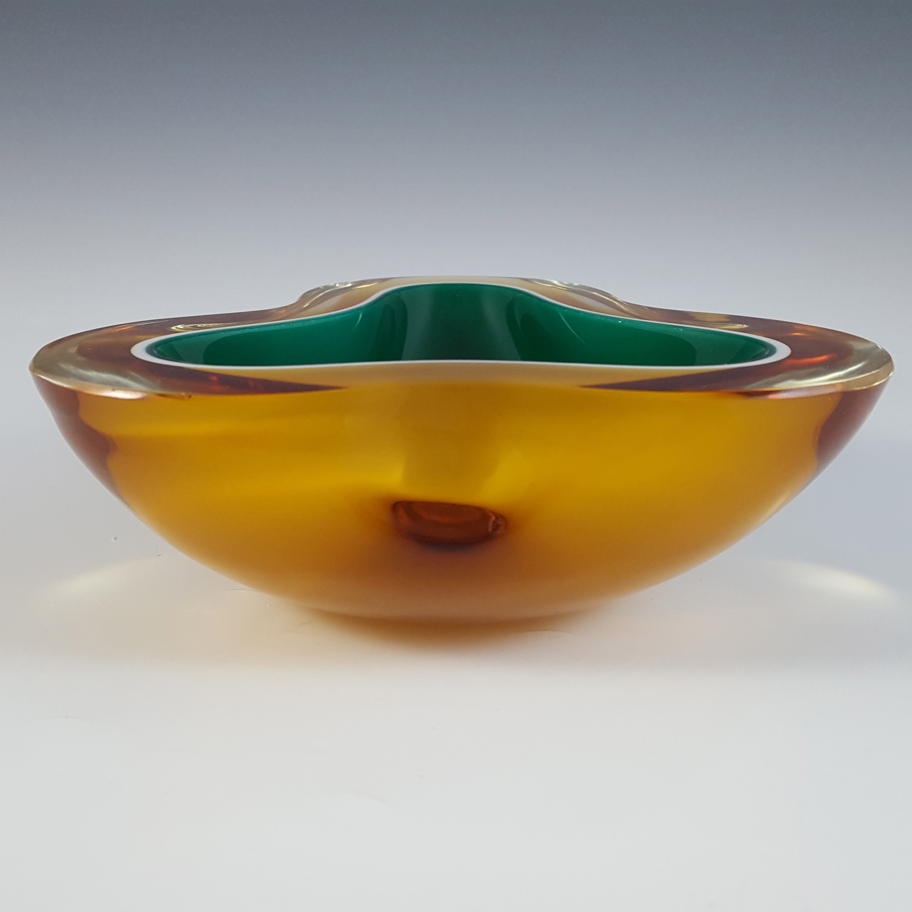 Murano Green, White & Amber Sommerso Glass Geode Bowl - Click Image to Close