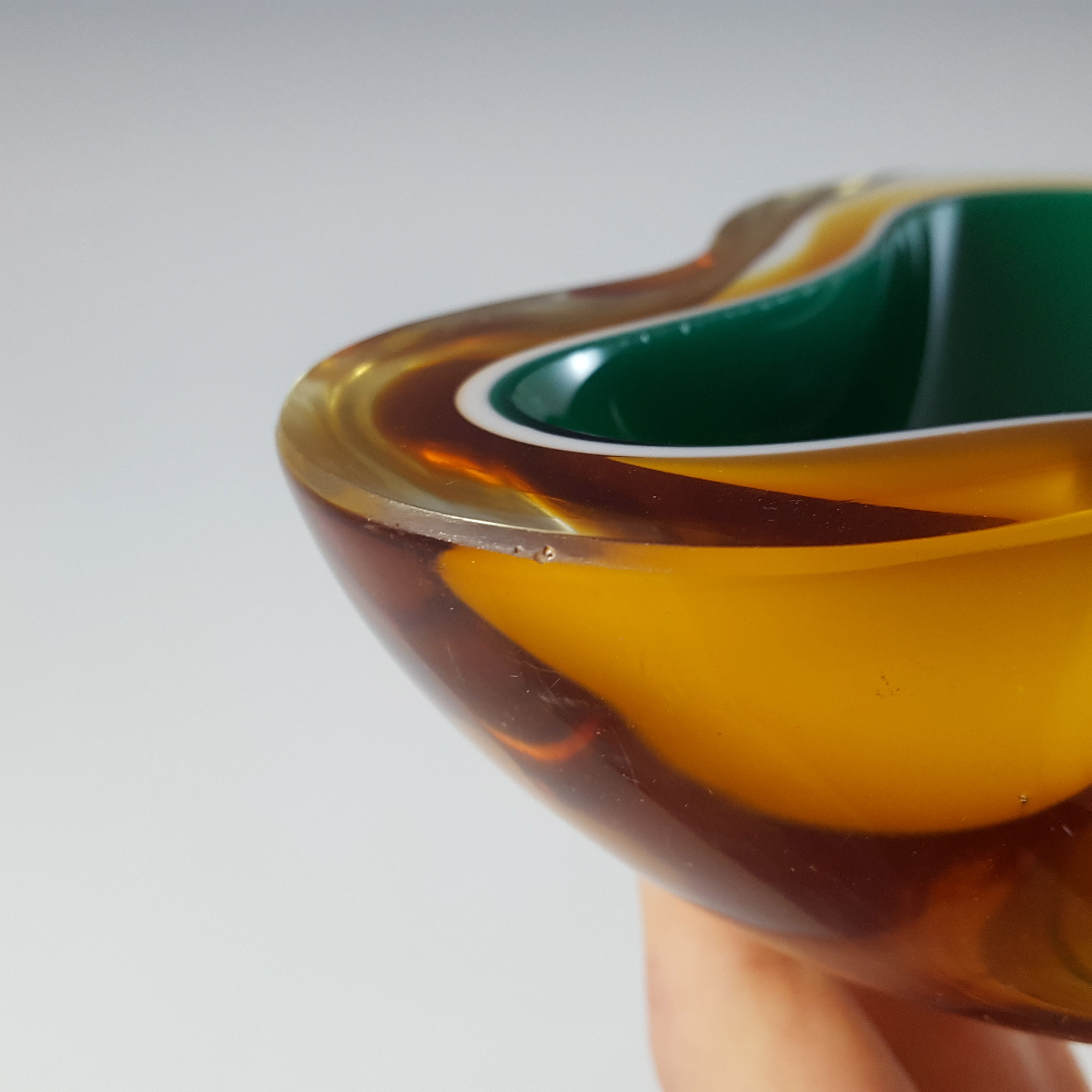 Murano Green, White & Amber Sommerso Glass Geode Bowl - Click Image to Close