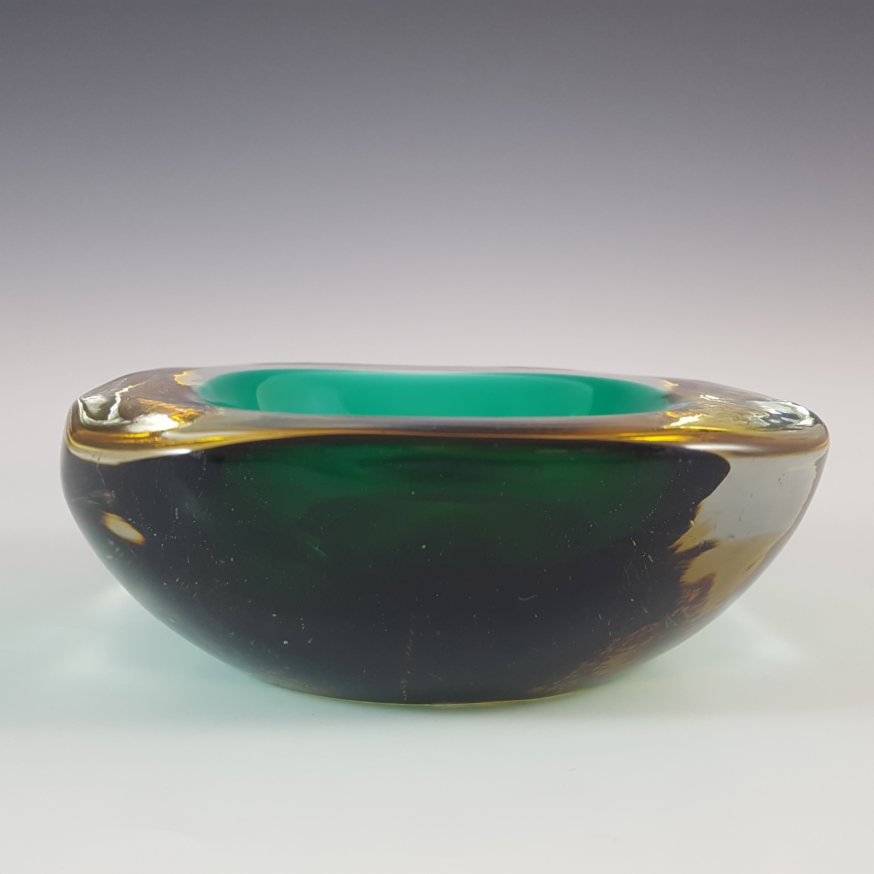 Murano Green & Amber Sommerso Glass 1950's Geode Bowl - Click Image to Close