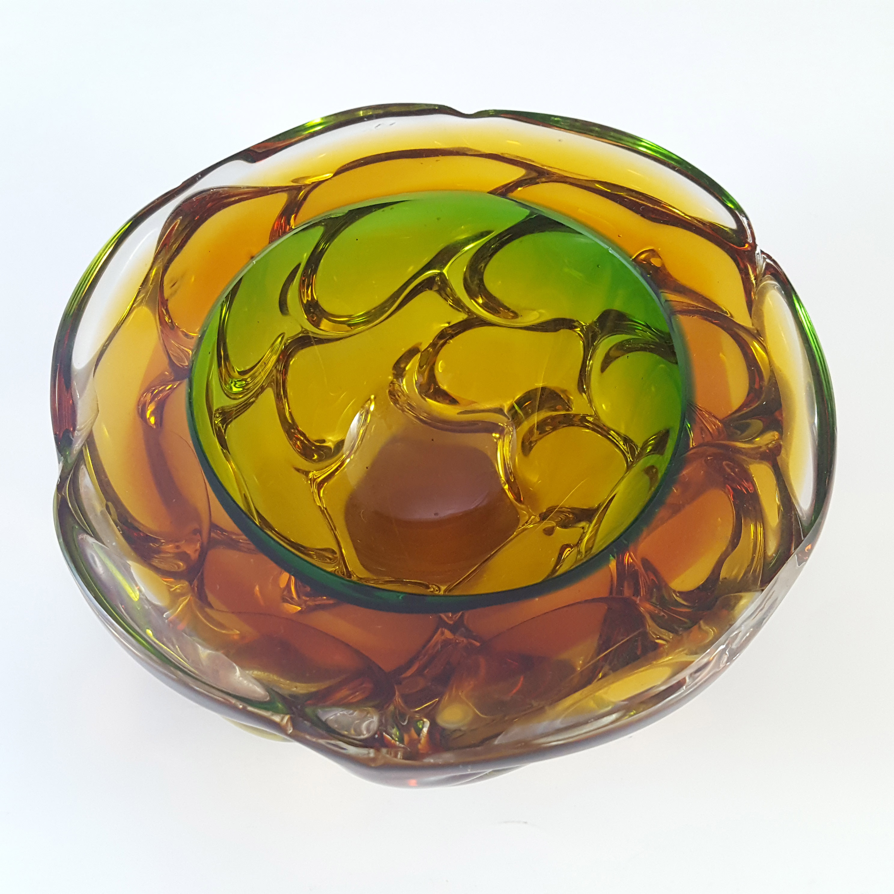 (image for) Murano Green & Amber Sommerso Glass Textured Geode Bowl - Click Image to Close