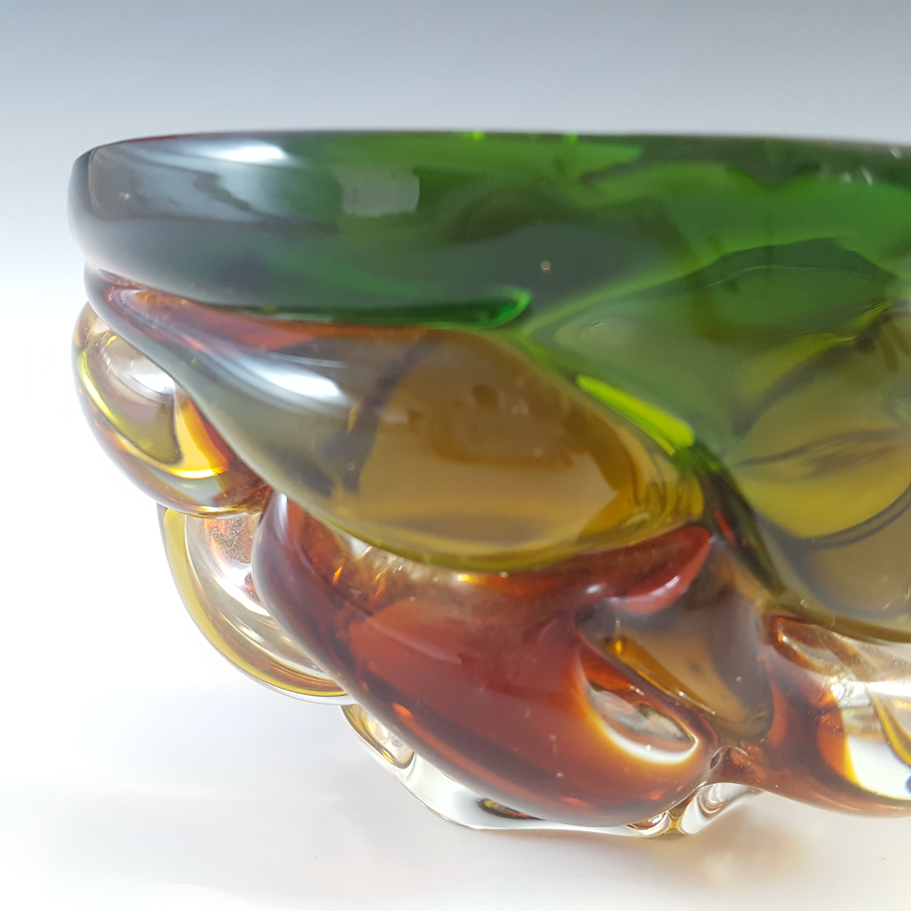 (image for) Murano Green & Amber Sommerso Glass Textured Geode Bowl - Click Image to Close