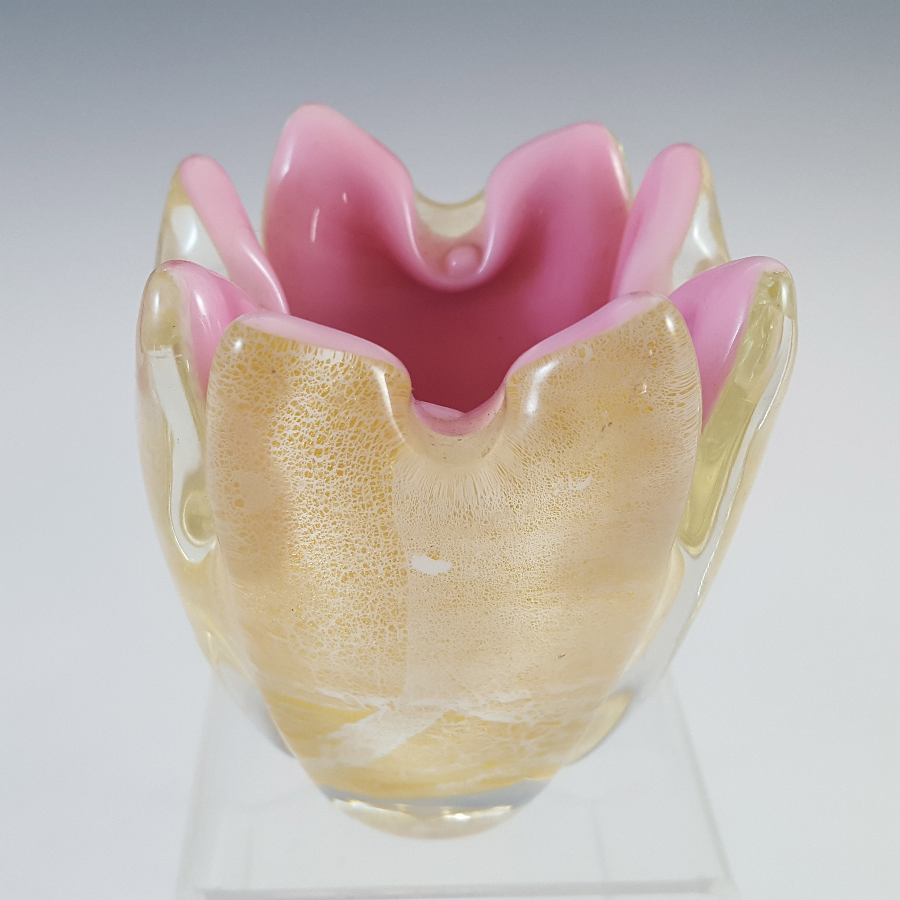 Murano Gold Leaf Pink Glass Vintage Vase or Cigarette/Match Holder - Click Image to Close