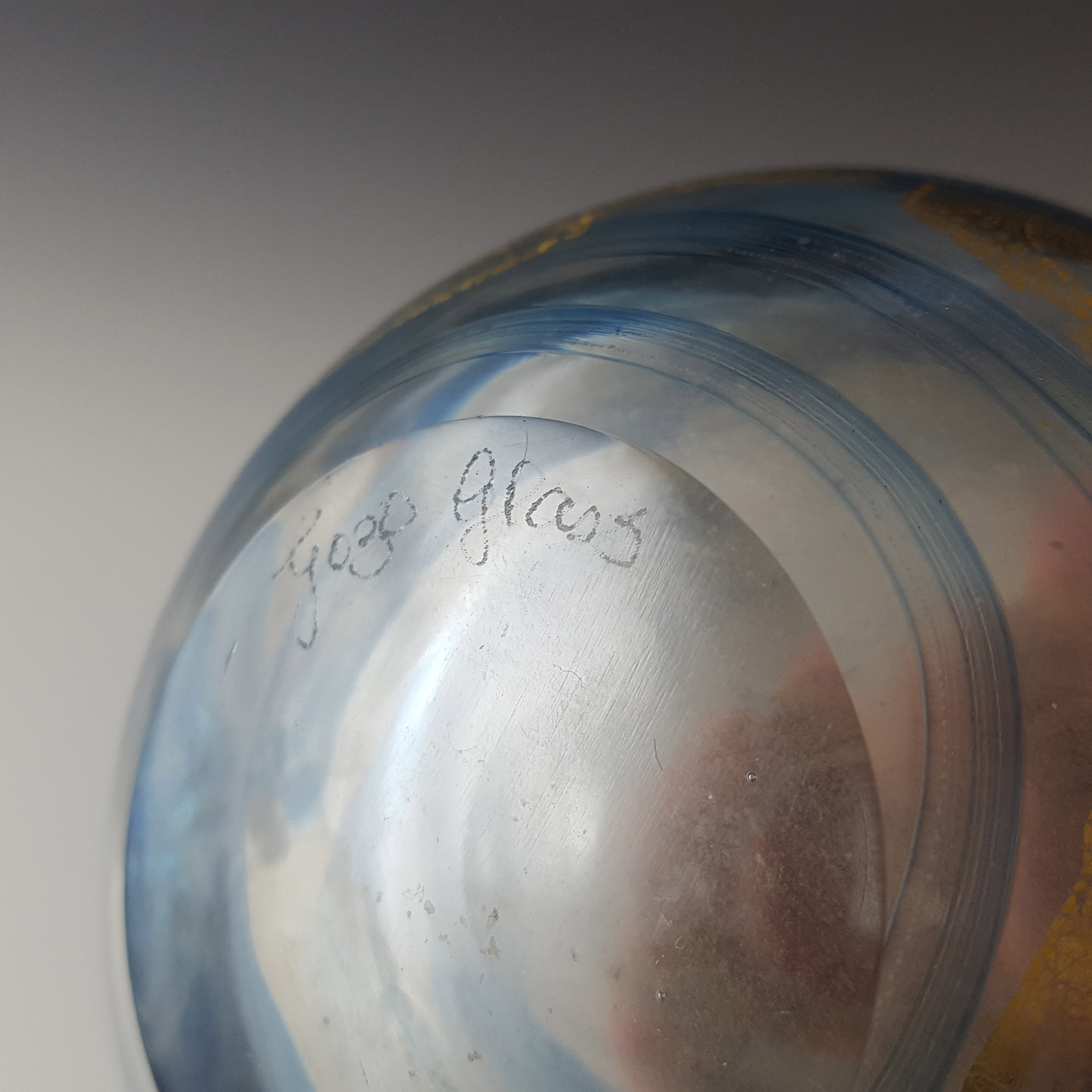 (image for) SIGNED + LABELLED Gozo Blue Glass & Gold Leaf Vintage Vase - Click Image to Close