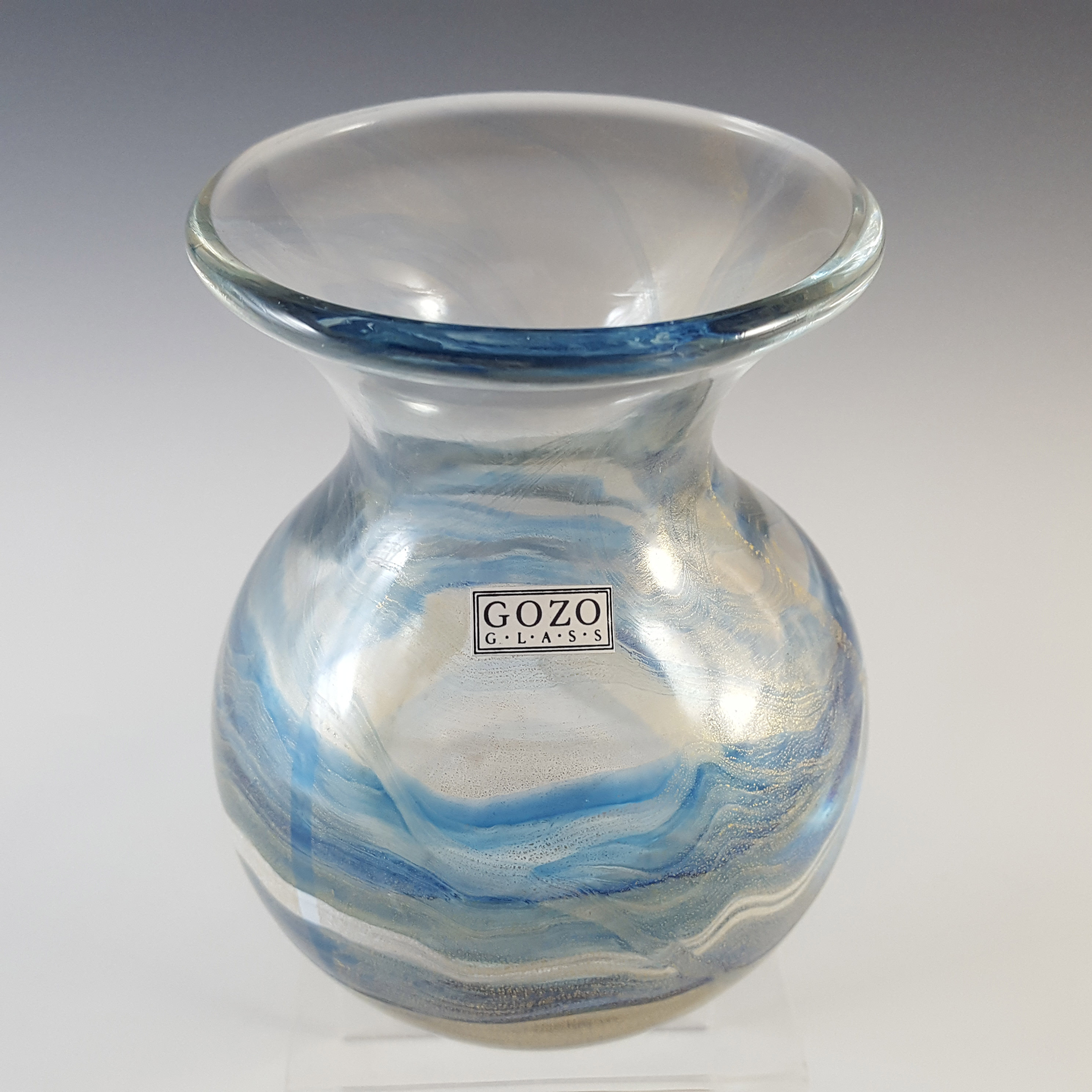 SIGNED + LABELLED Gozo Blue Glass & Gold Leaf Vintage Vase - Click Image to Close