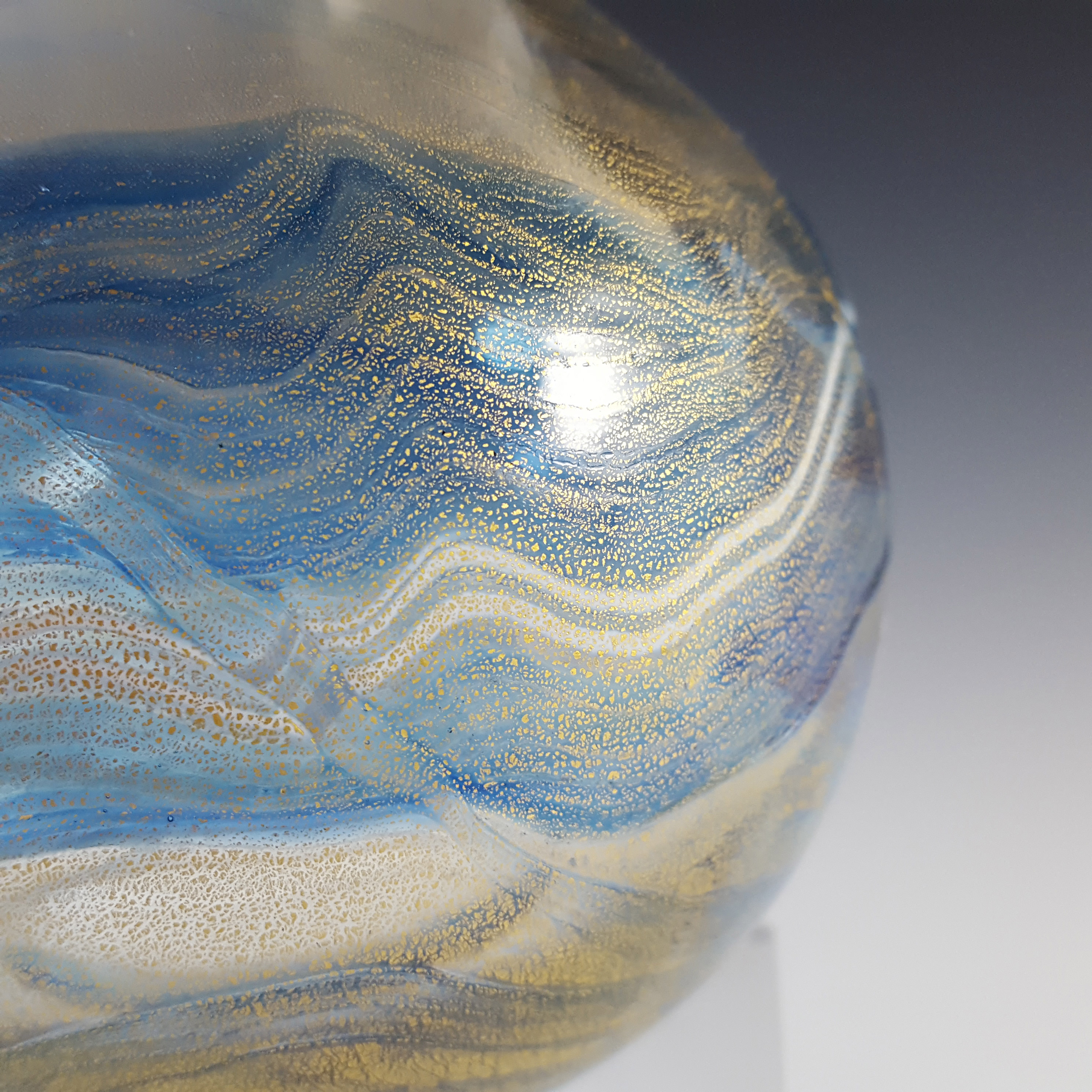 (image for) SIGNED + LABELLED Gozo Blue Glass & Gold Leaf Vintage Vase - Click Image to Close