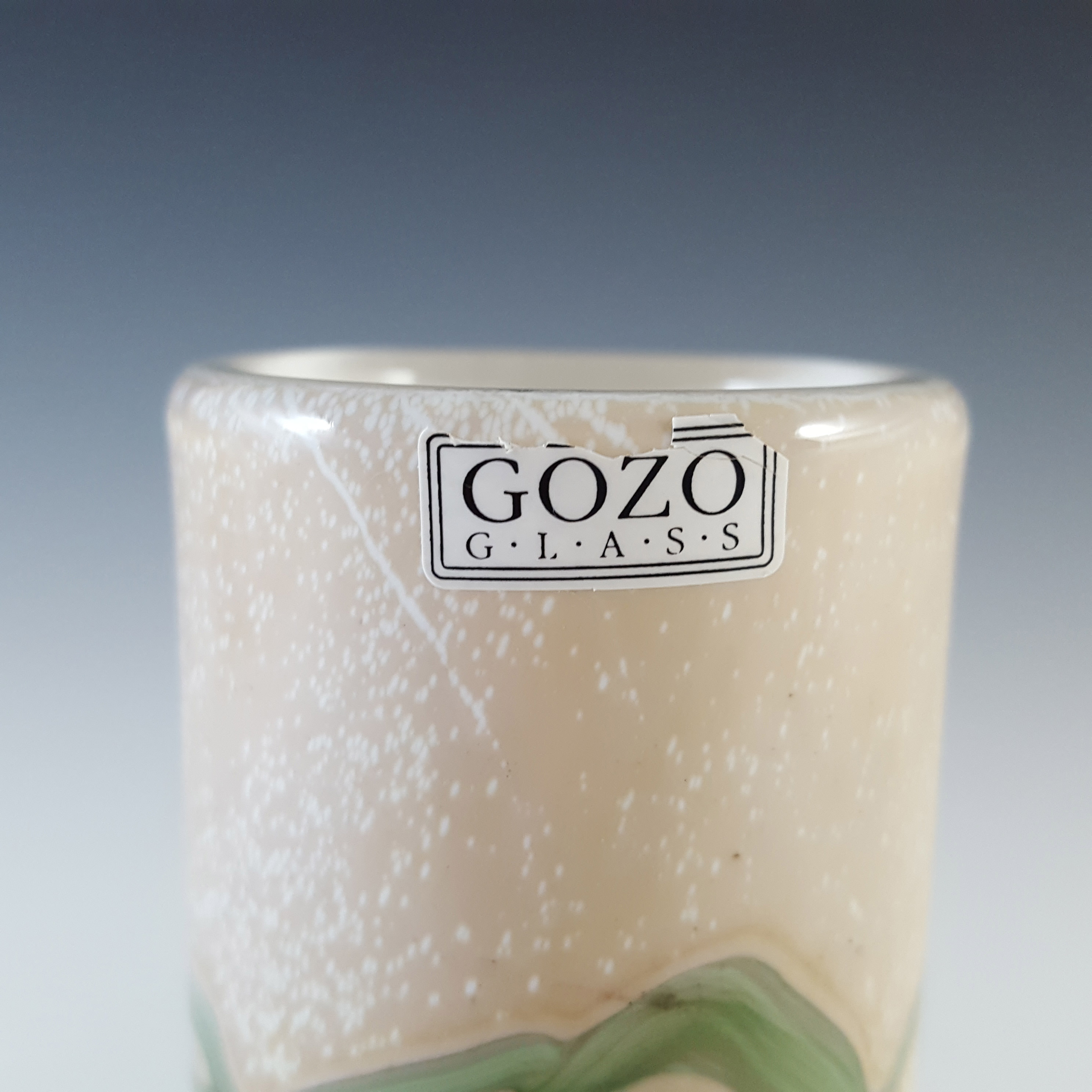 SIGNED + LABELLED Gozo Cream & Green Glass 'Springtime' Vase - Click Image to Close
