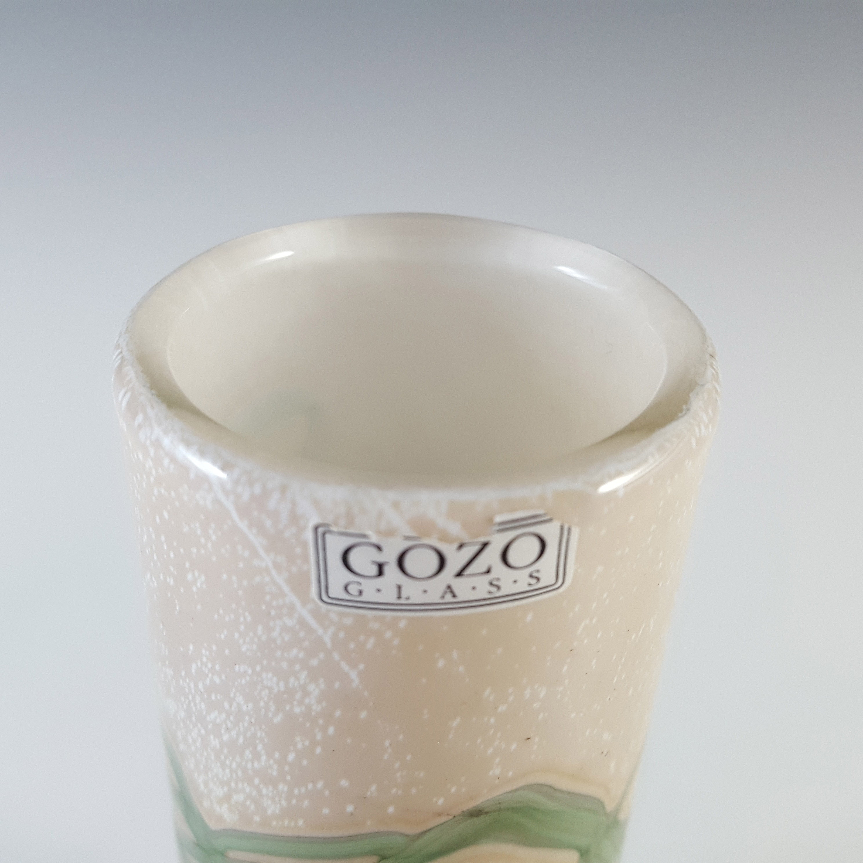 (image for) SIGNED + LABELLED Gozo Cream & Green Glass 'Springtime' Vase - Click Image to Close