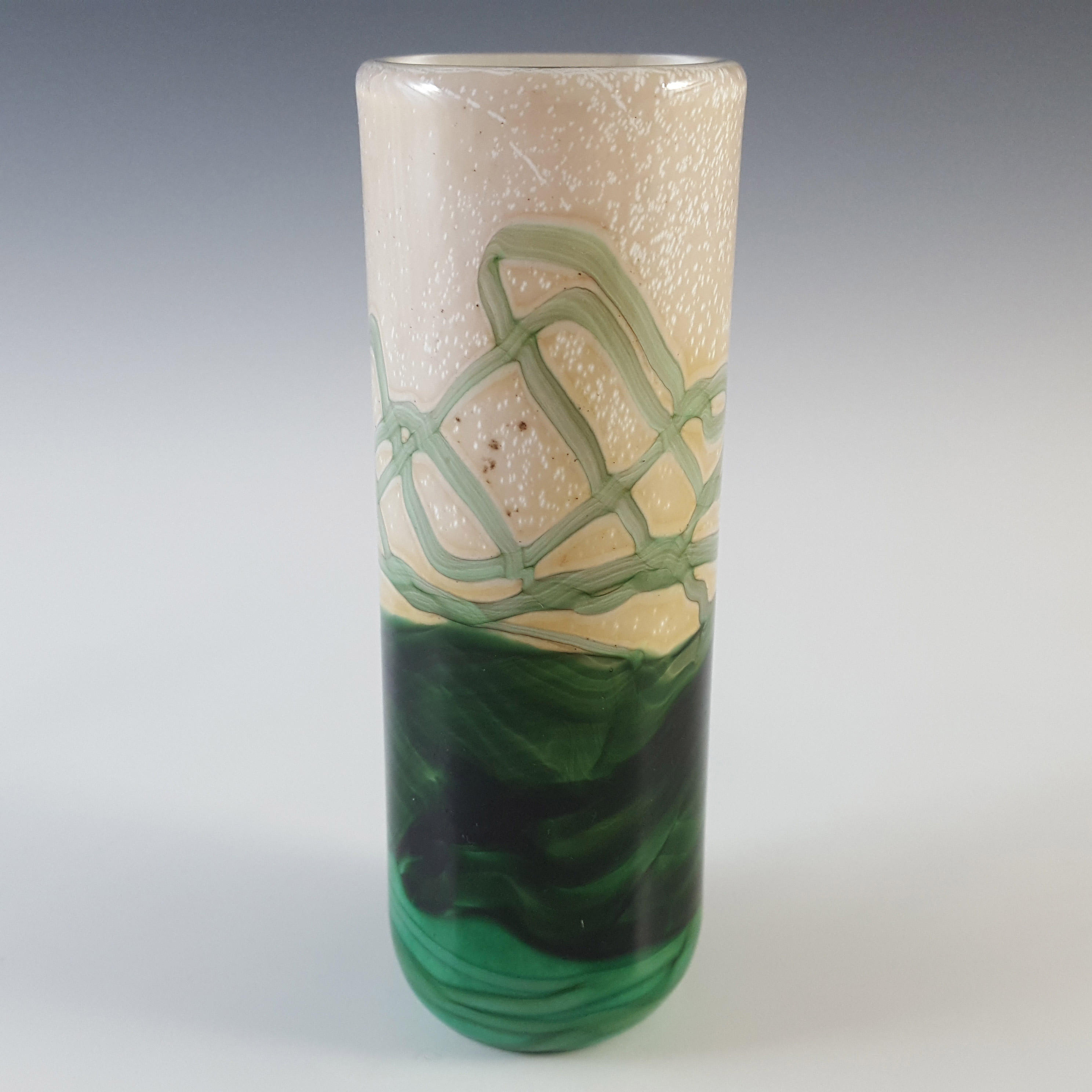 SIGNED + LABELLED Gozo Cream & Green Glass 'Springtime' Vase - Click Image to Close