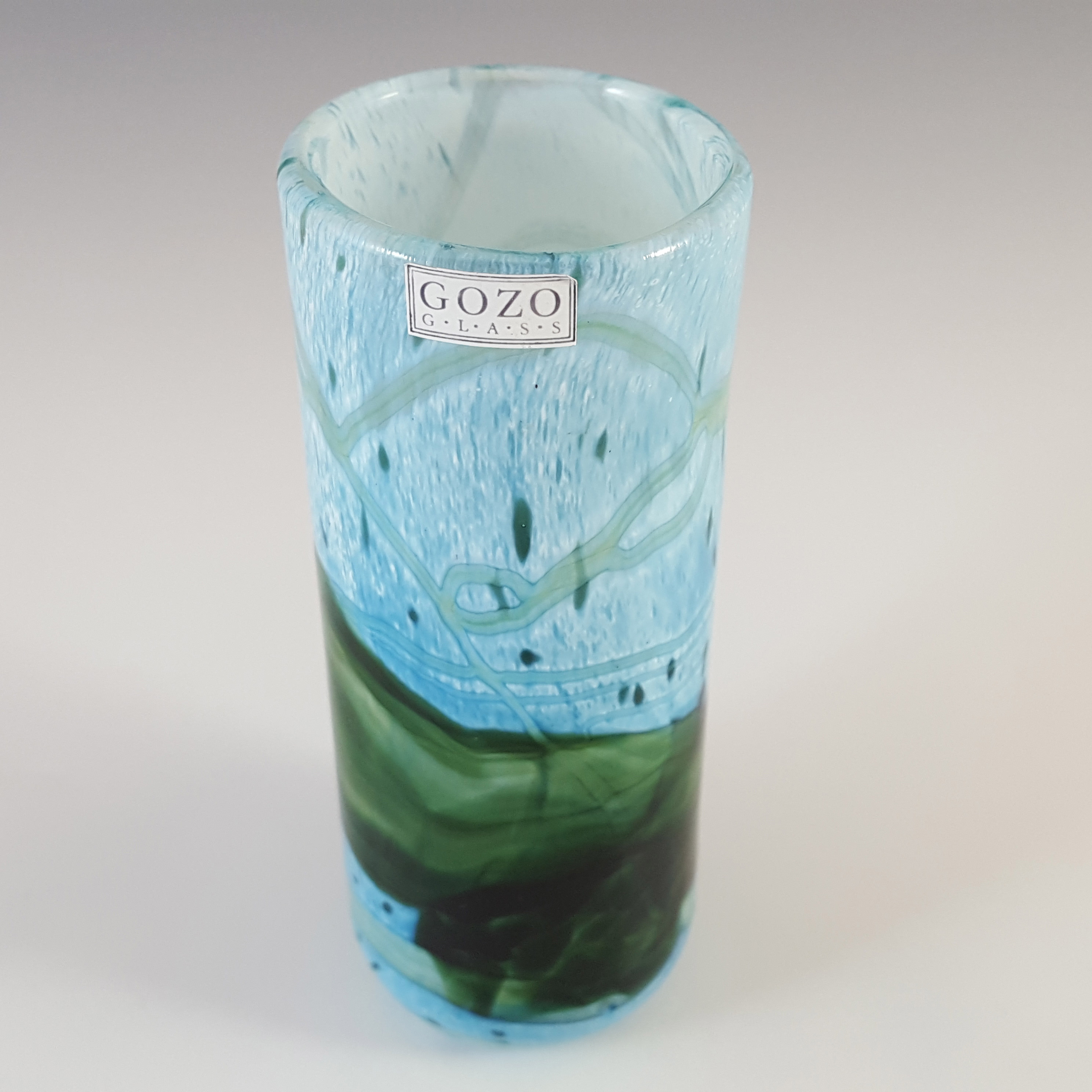 (image for) SIGNED Gozo Maltese Blue & Green Glass 'Seaweed' Vase - Click Image to Close