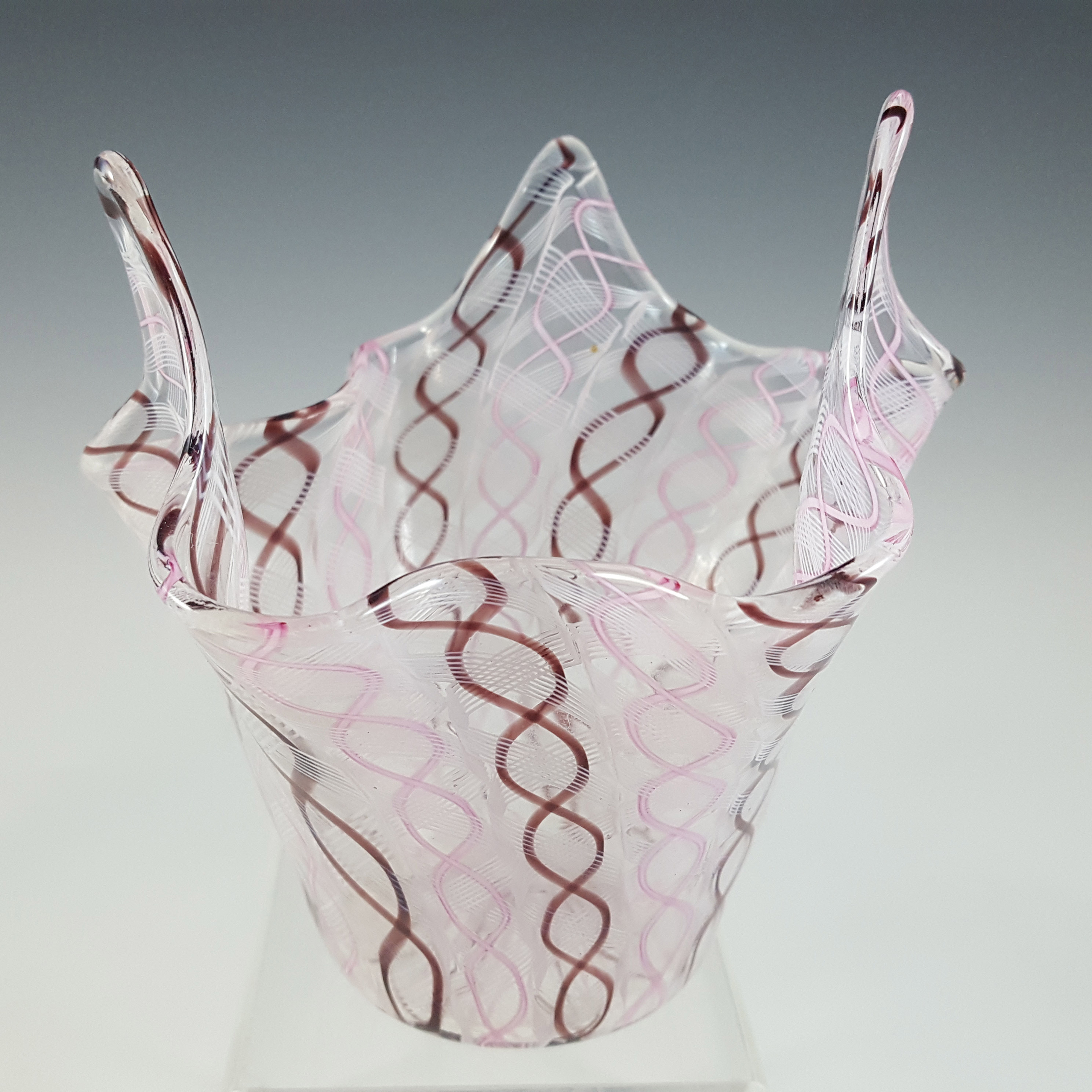 (image for) Murano Pink & White Glass Zanfirico Fazzoletto Handkerchief Vase - Click Image to Close