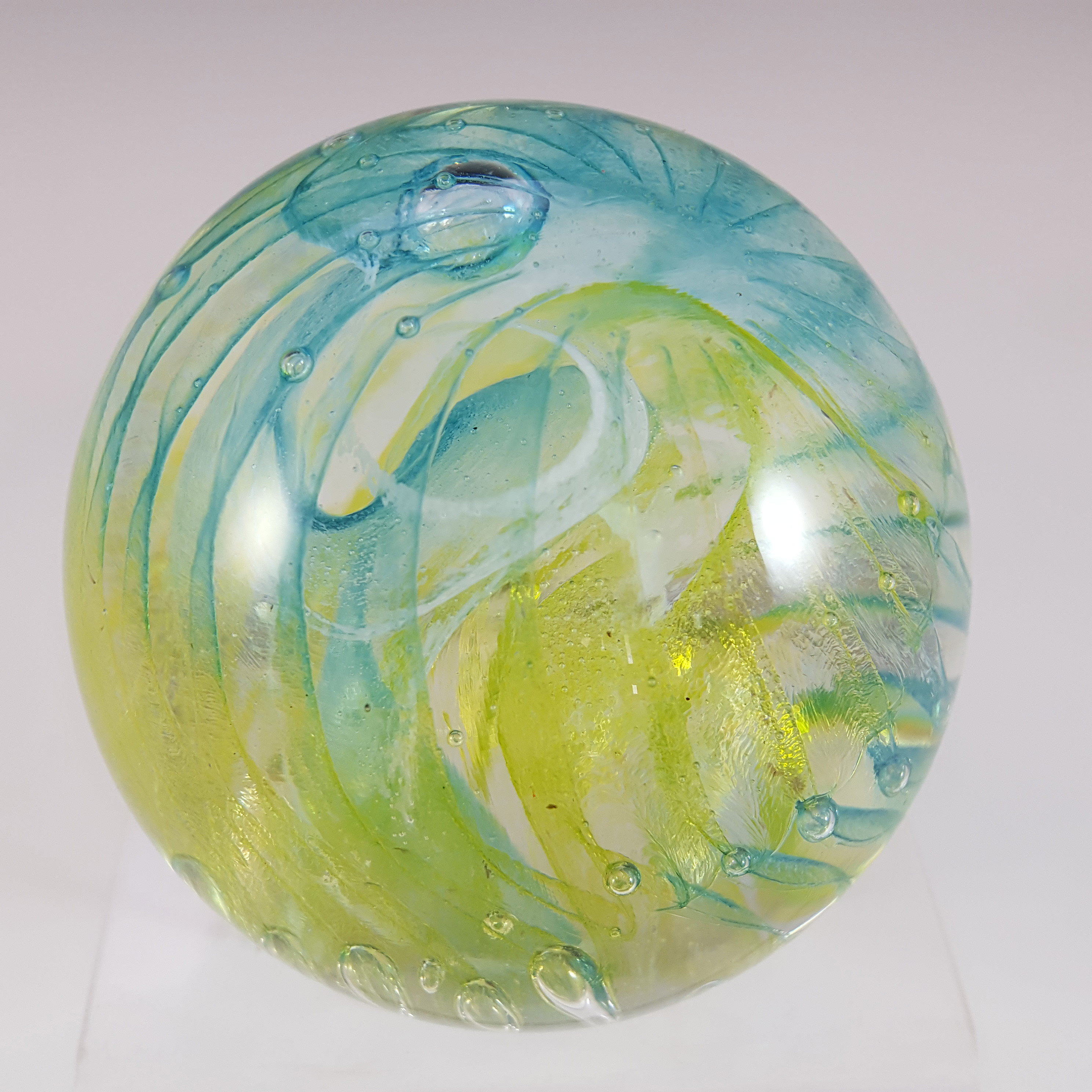 (image for) LABELLED Isle of Wight Studio Yellow & Blue Glass 3" Paperweight - Click Image to Close