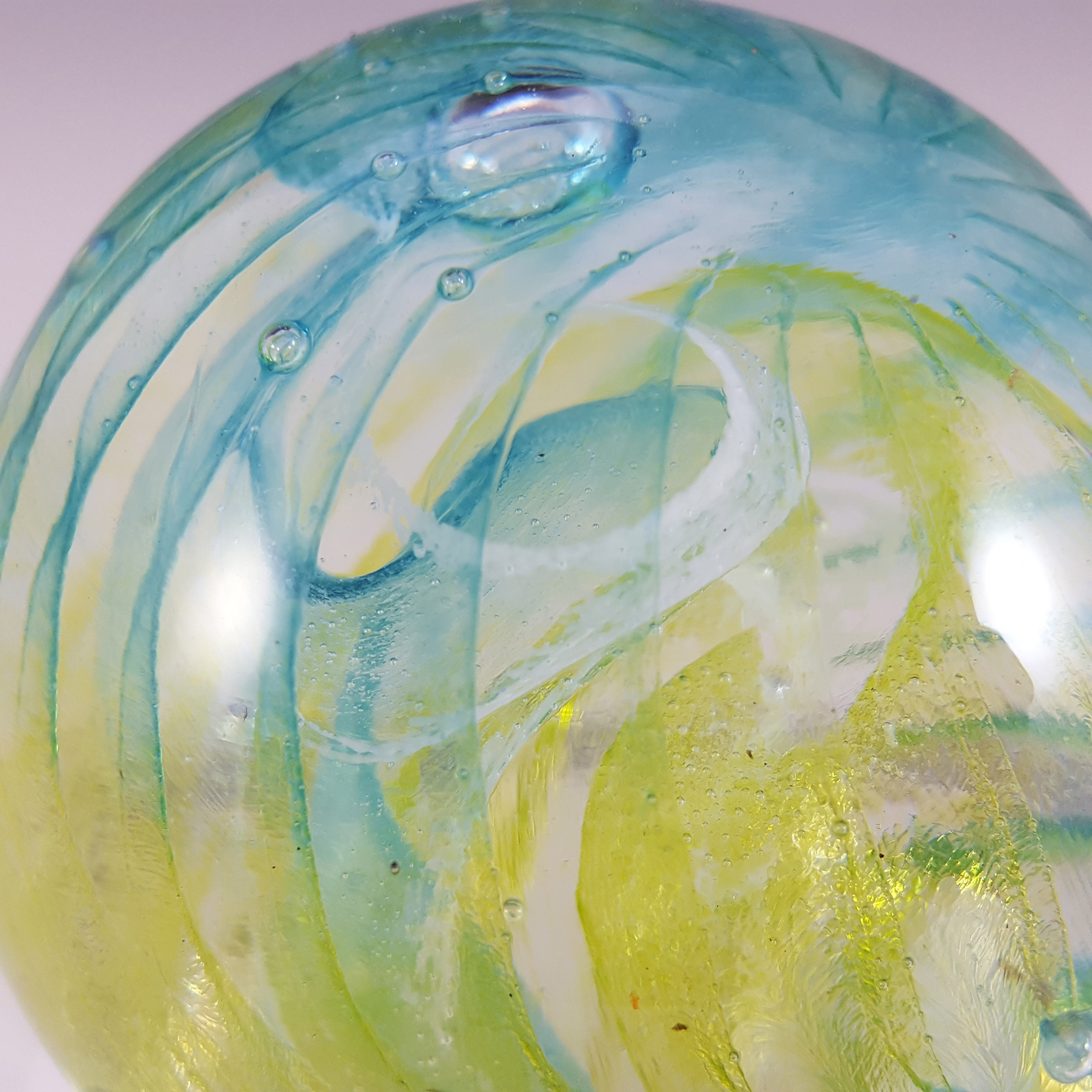 (image for) LABELLED Isle of Wight Studio Yellow & Blue Glass 3" Paperweight - Click Image to Close