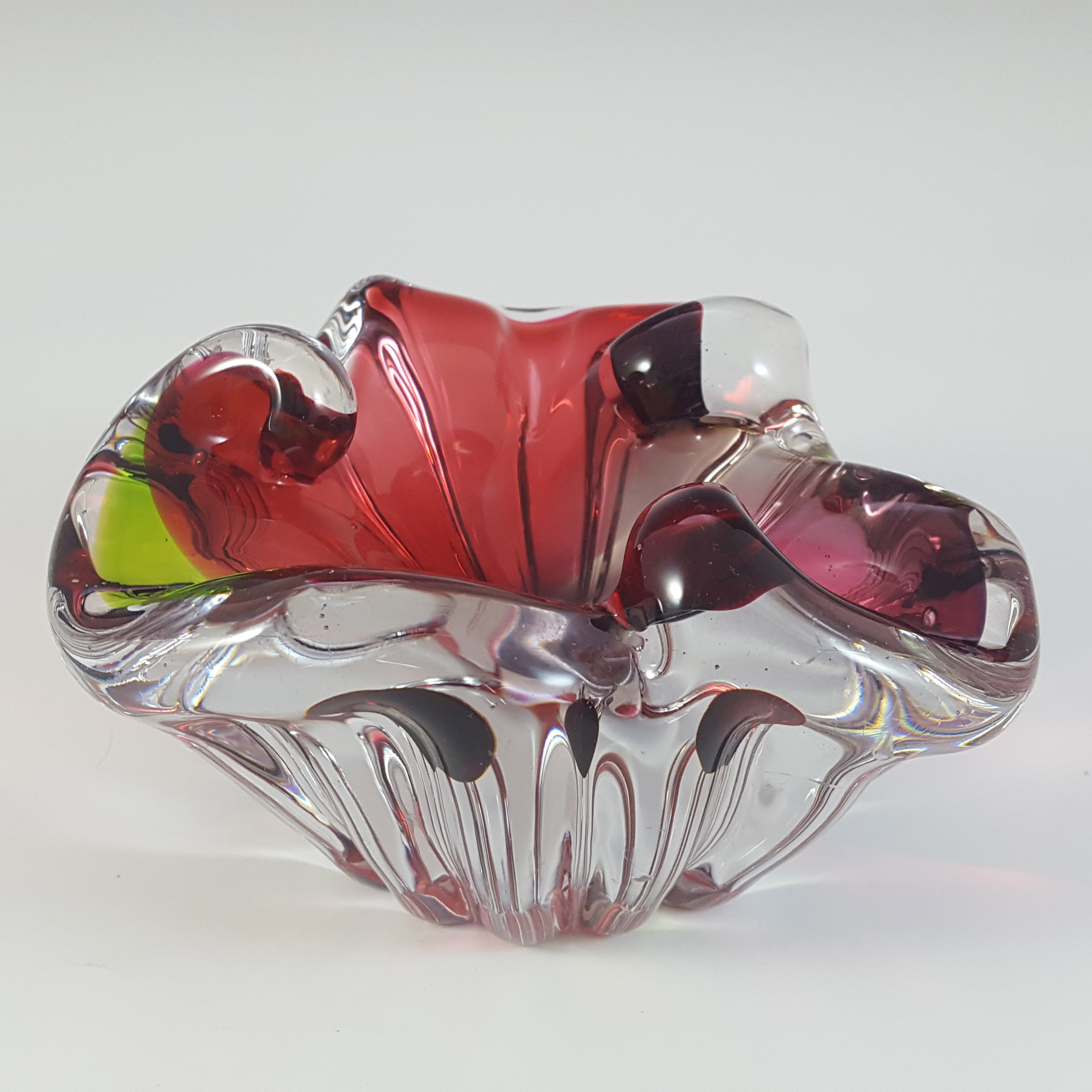 Japanese Pink & Yellow Glass Organic Ribbed Bowl / Ashtray - Click Image to Close
