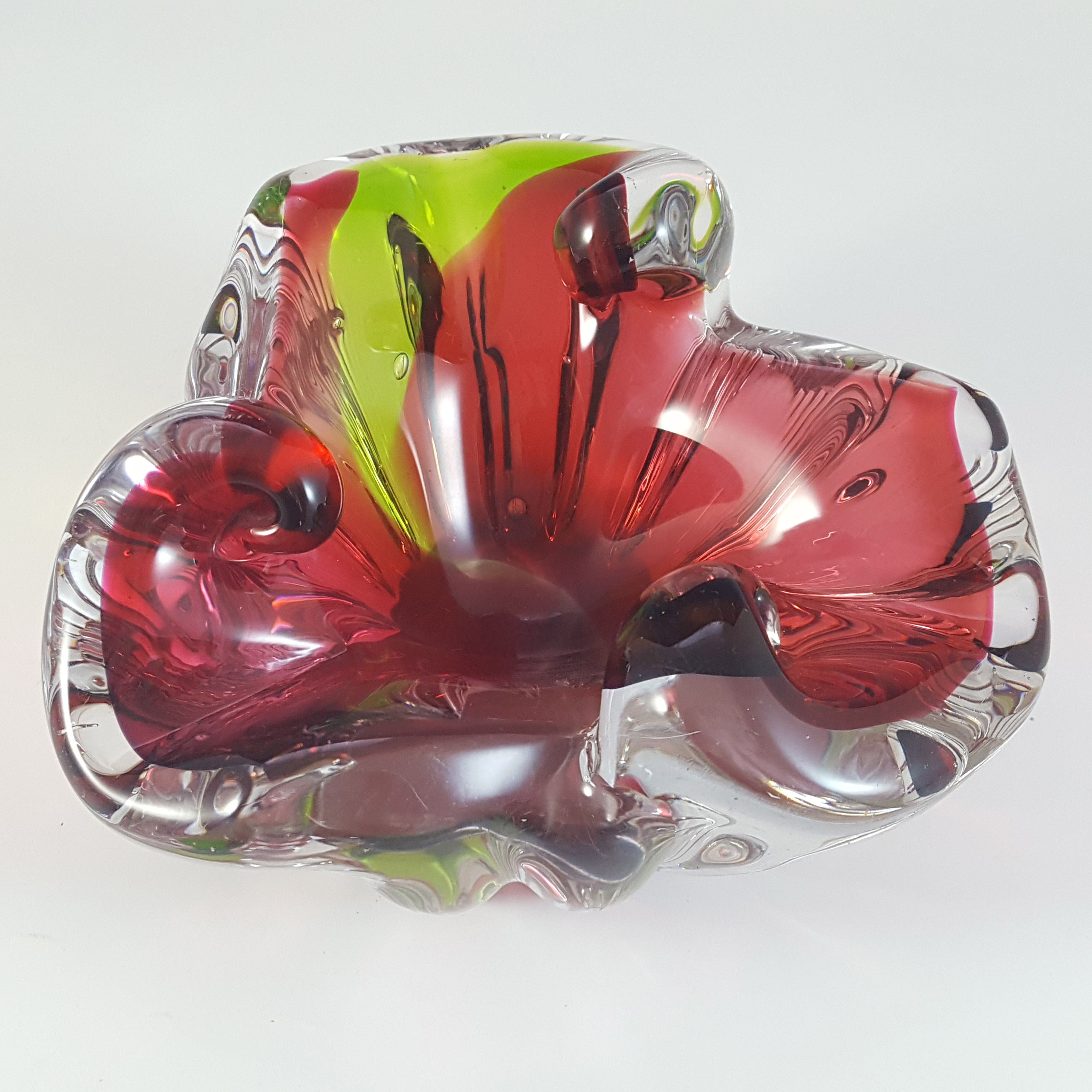 Japanese Pink & Yellow Glass Organic Ribbed Bowl / Ashtray - Click Image to Close