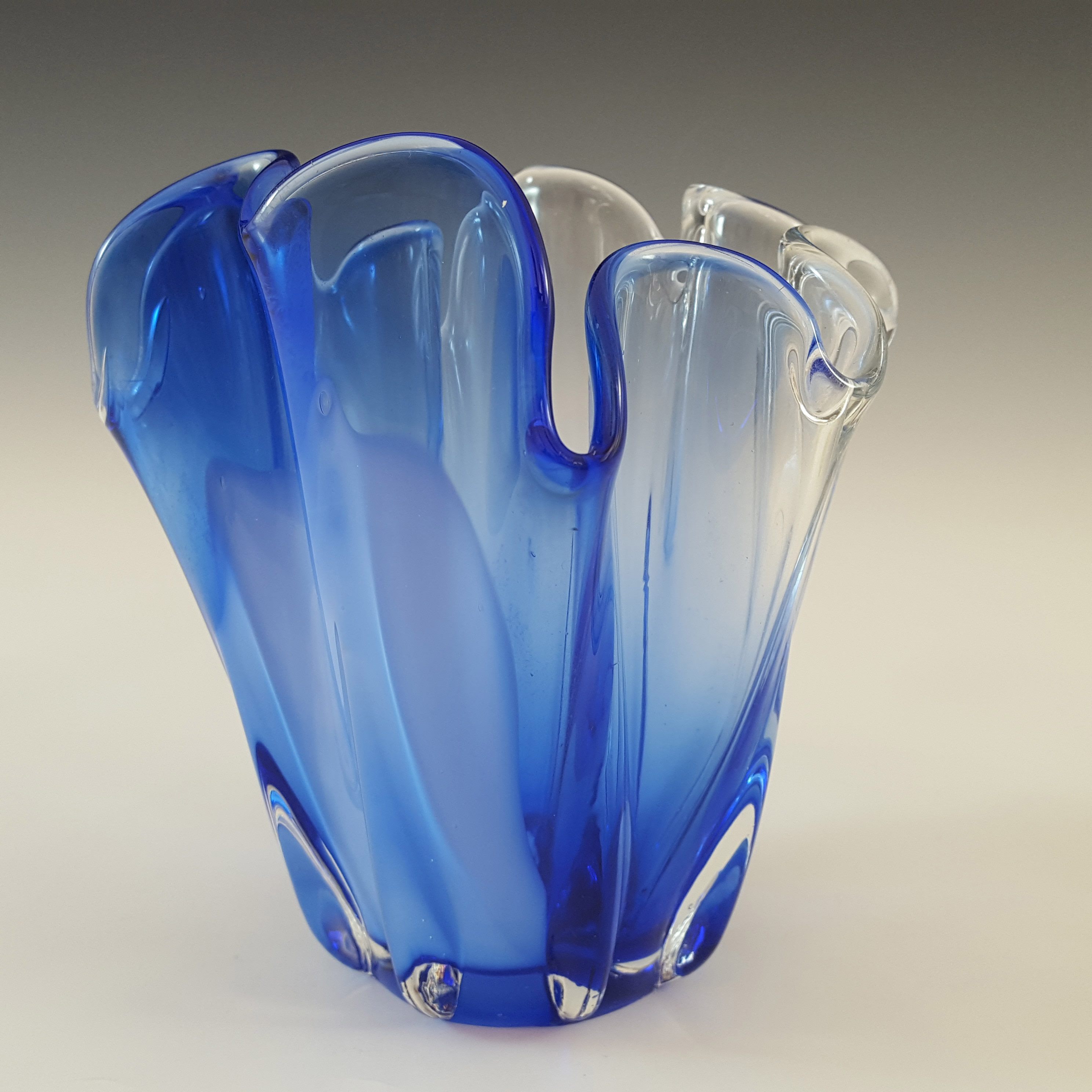 Japanese Blue, White & Clear Cased Glass Handkerchief Vase - Click Image to Close