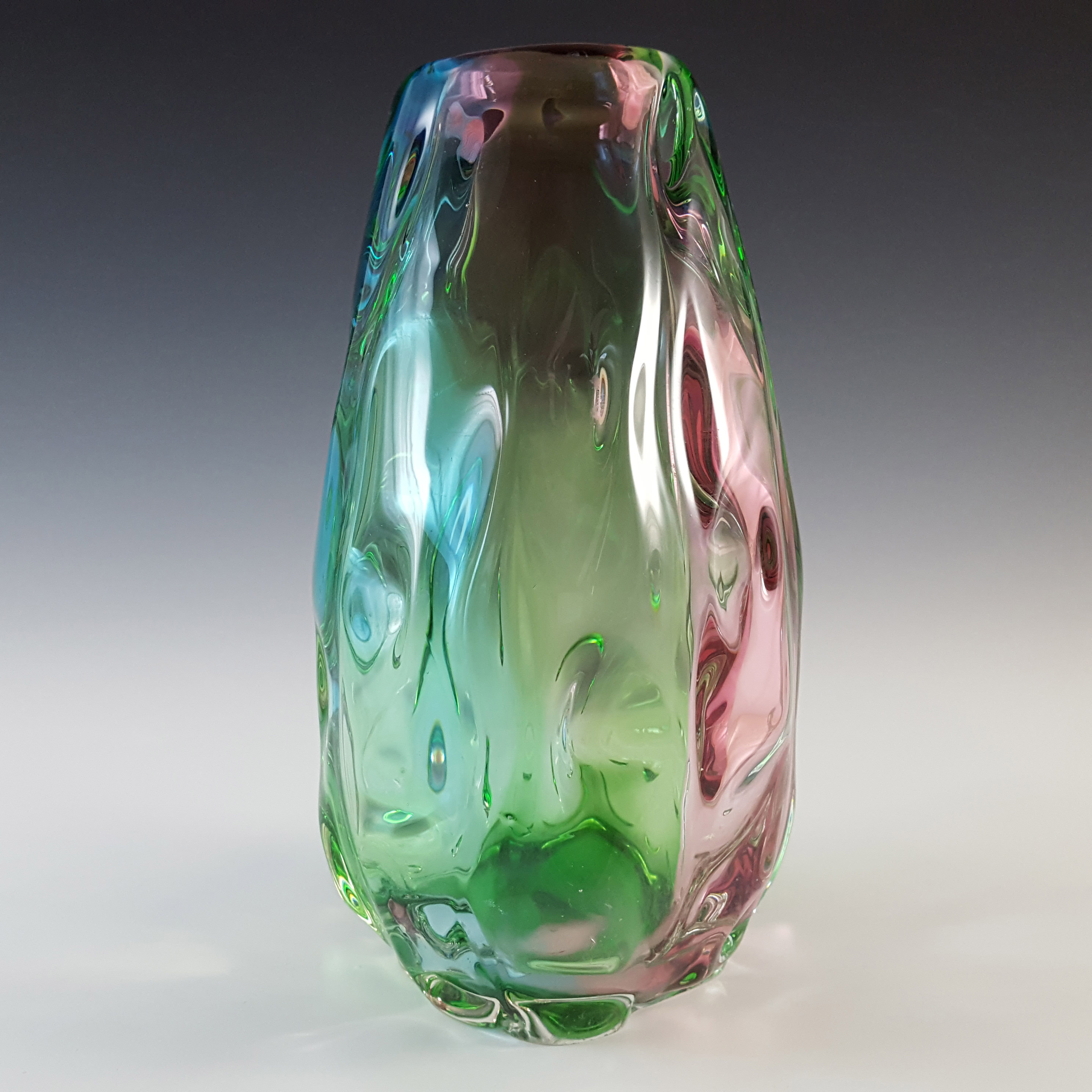 (image for) Sanyu Japanese Green, Pink & Blue Glass "Fantasy" Vase - Click Image to Close