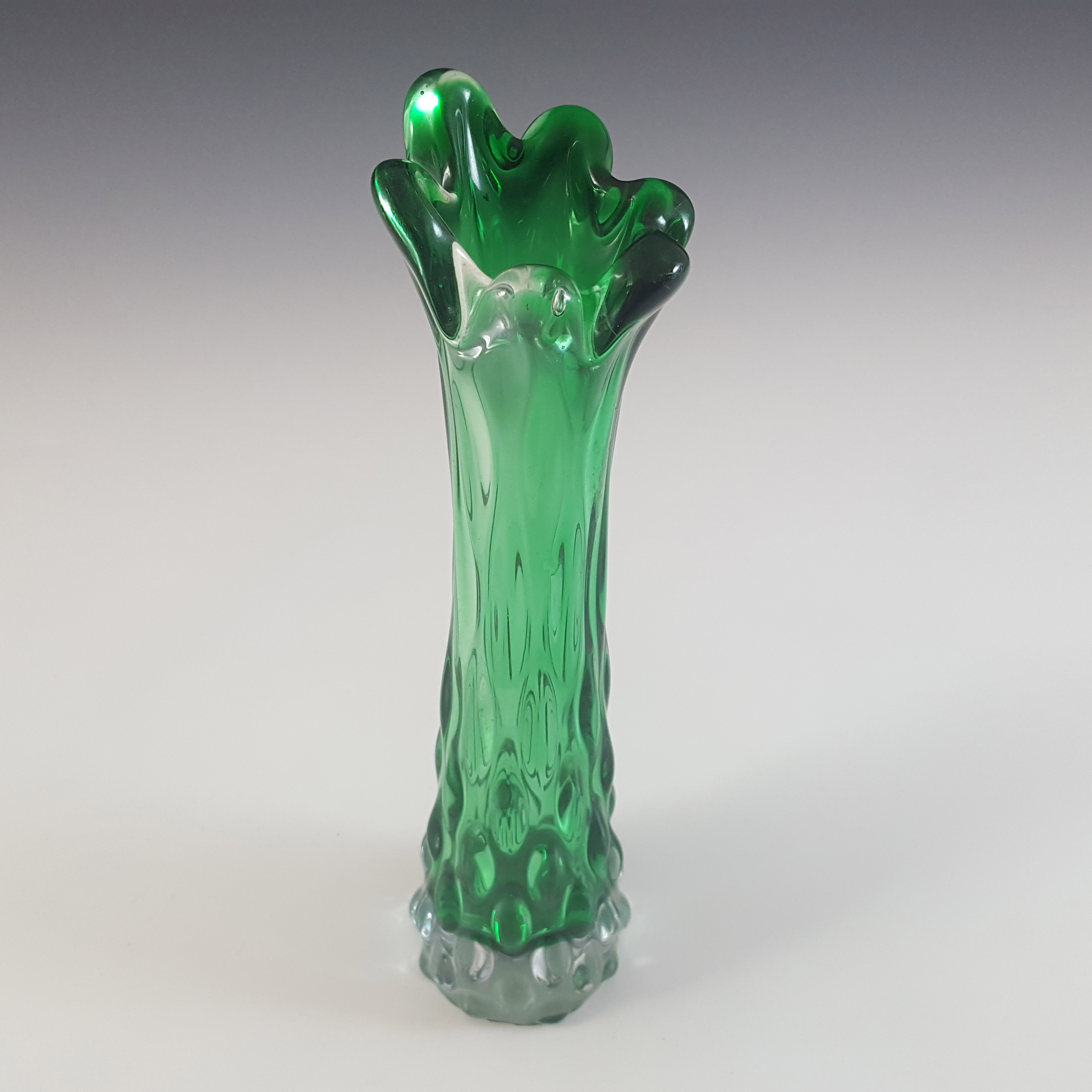 Japanese Vintage Textured Green Cased Glass Stem Vase - Click Image to Close
