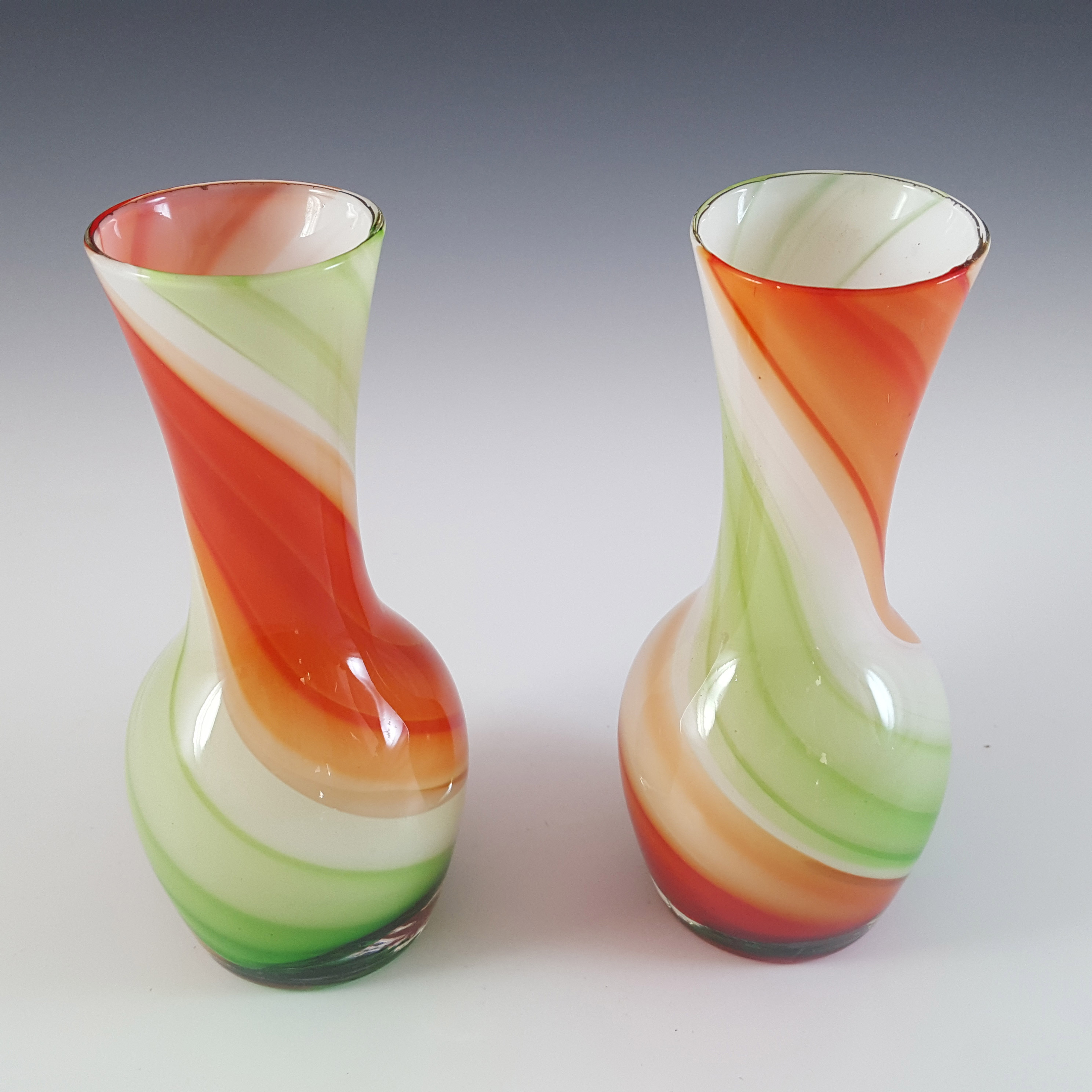 Japanese Pair of Red, Green & White Vintage Glass Vases - Click Image to Close