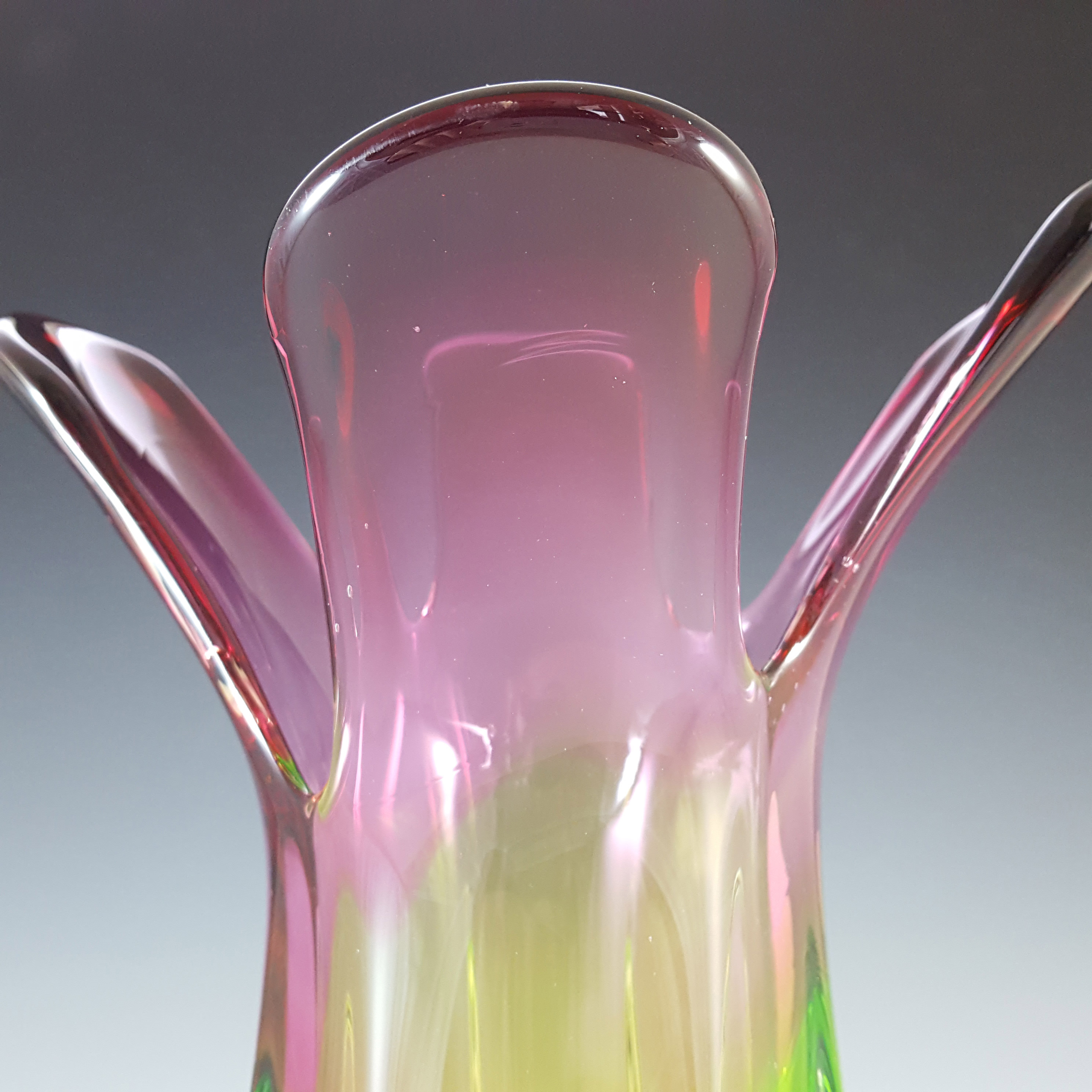 Chinese Pink & Green Glass Flower Shaped Vase, Large & Heavy - Click Image to Close
