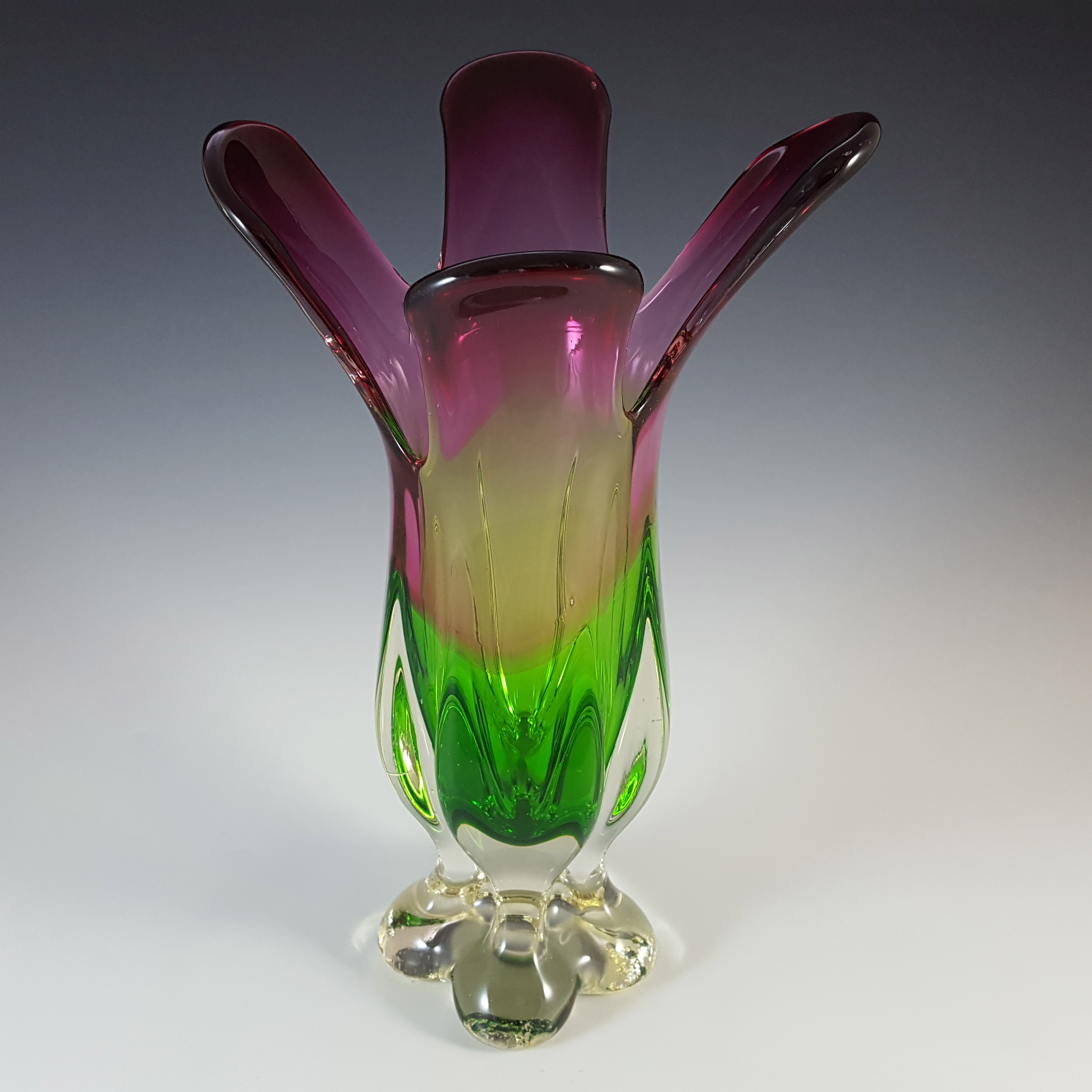 (image for) Chinese Pink & Green Glass Flower Shaped Vase, Large & Heavy - Click Image to Close