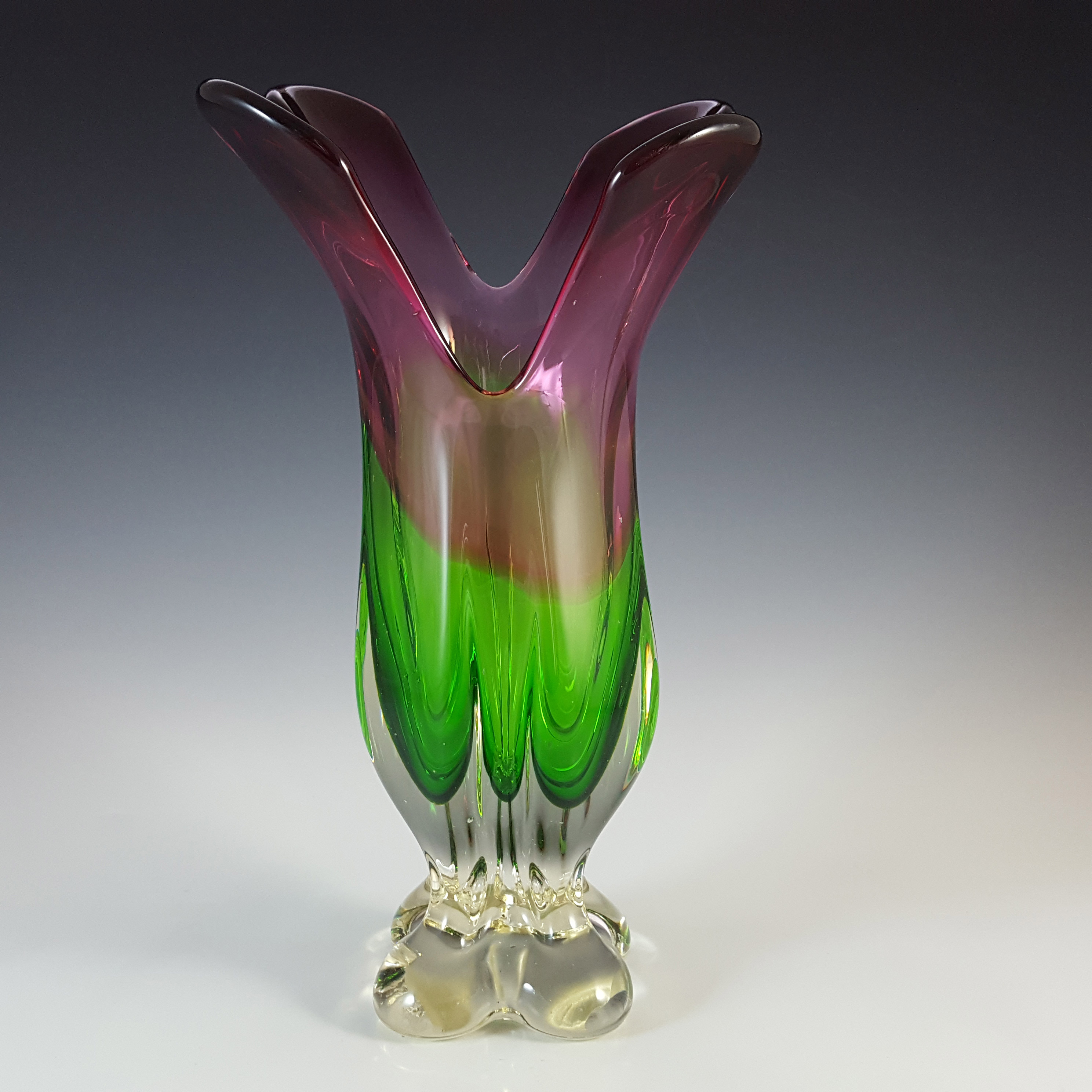 Chinese Pink & Green Glass Flower Shaped Vase, Large & Heavy - Click Image to Close