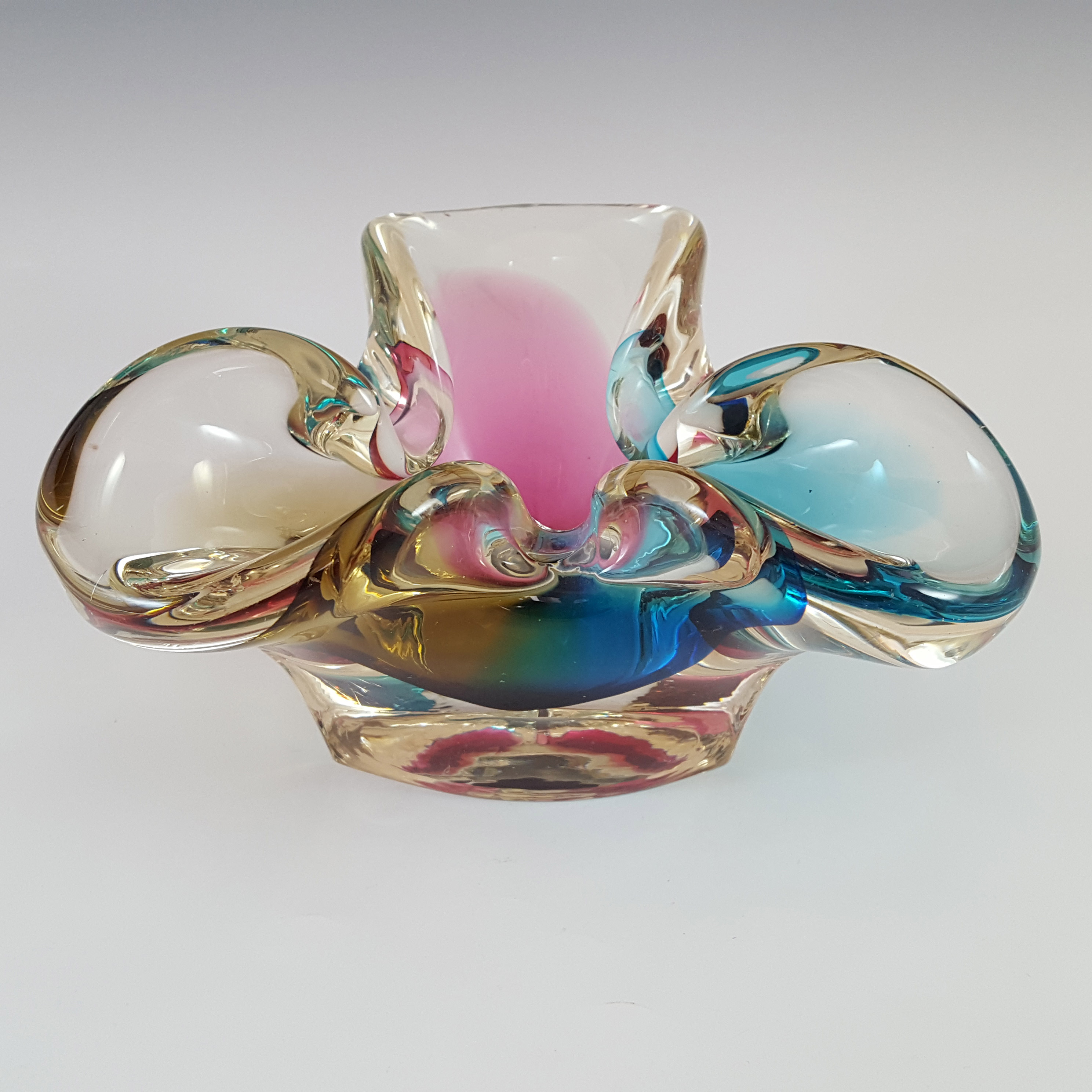 (image for) Sanyu Japanese Vintage Amber, Pink & Blue Glass "Fantasy" Bowl - Click Image to Close
