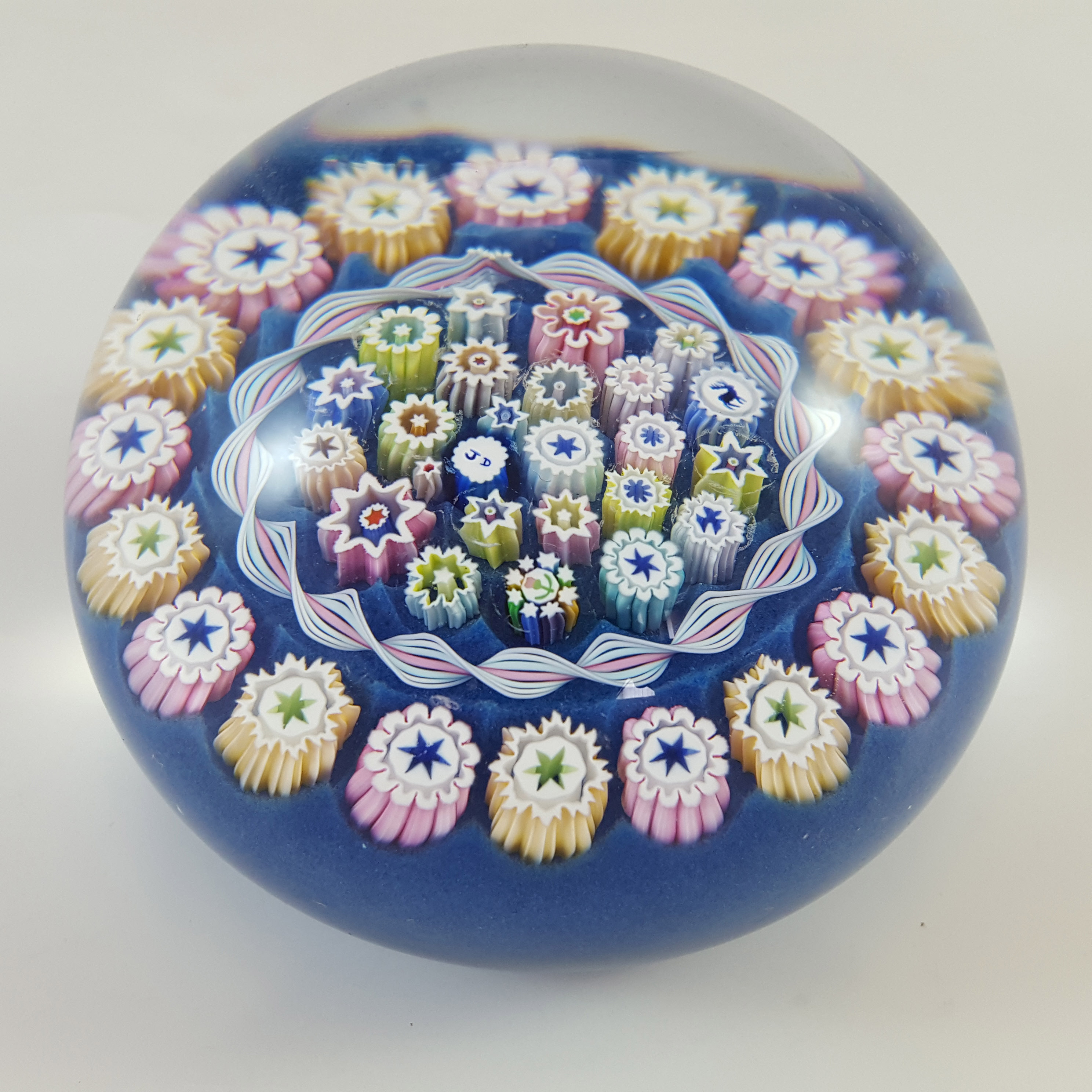 (image for) John Deacons Scottish Blue Glass Millefiori Paperweight - Labelled - Click Image to Close