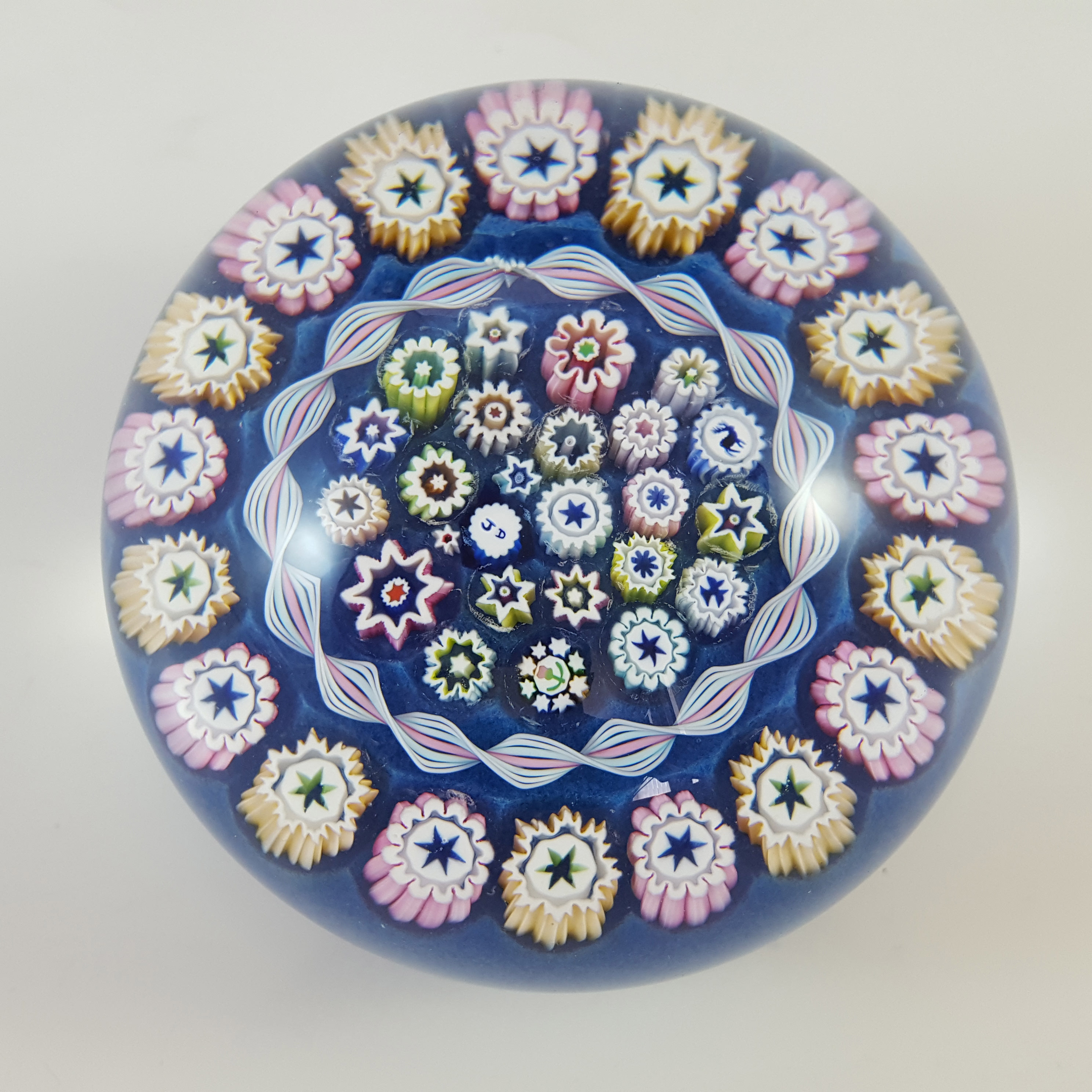 John Deacons Scottish Blue Glass Millefiori Paperweight - Labelled - Click Image to Close