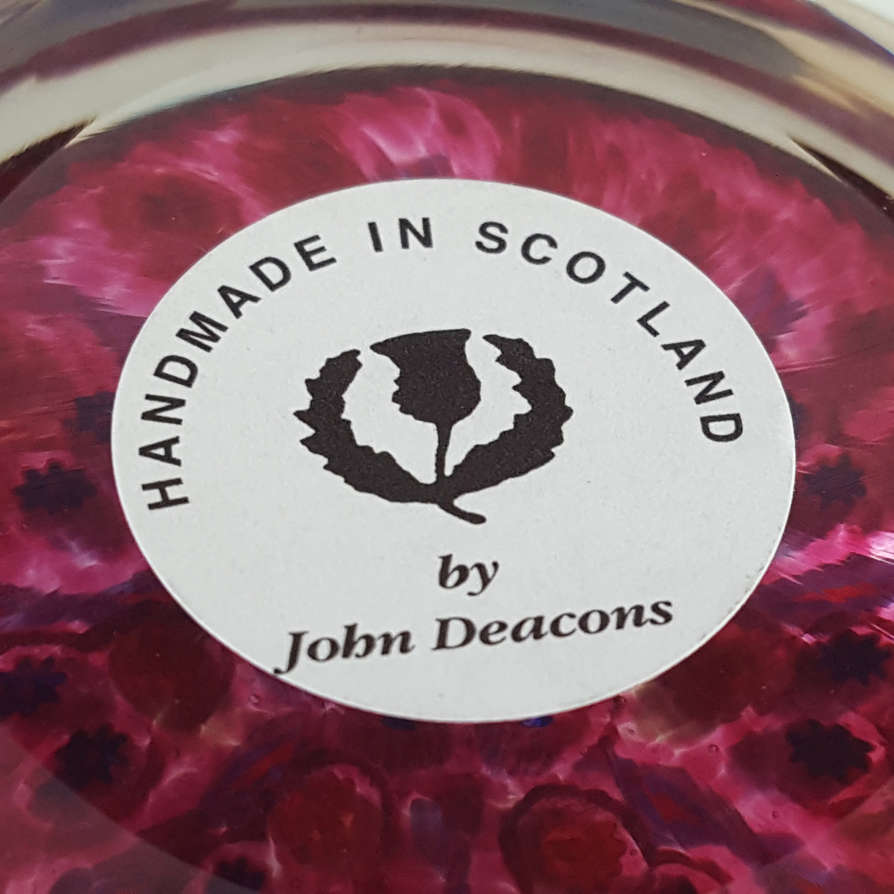(image for) John Deacons Pink Glass Millefiori Thistle Paperweight - Labelled - Click Image to Close