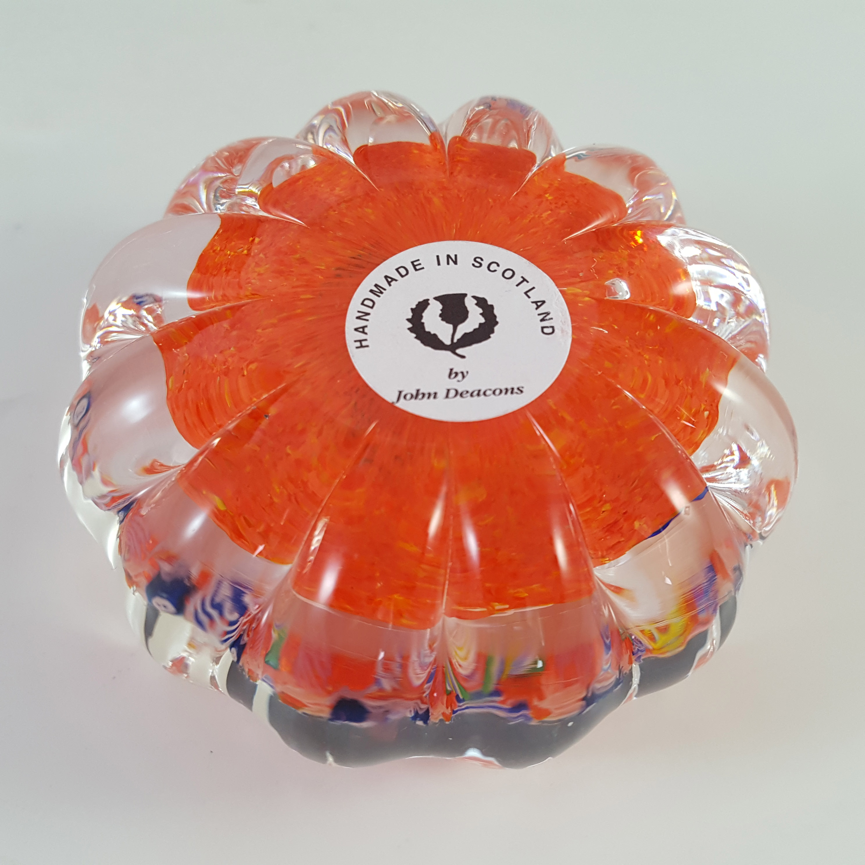 (image for) John Deacons Orange Glass Zanfirico Lace Pie Crust Paperweight - Labelled - Click Image to Close