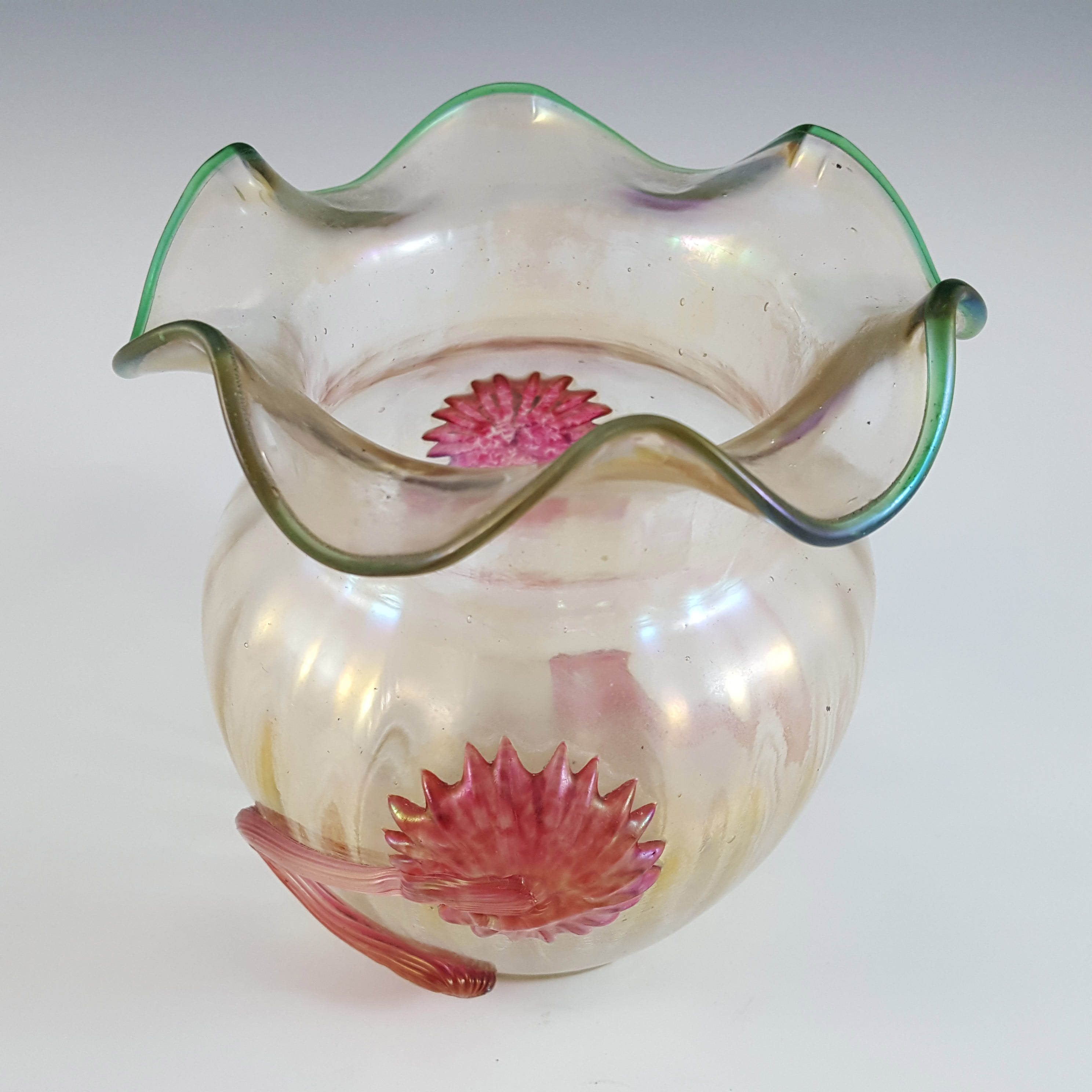 (image for) Kralik Art Nouveau Iridescent Glass Applied Flower Vase - Click Image to Close