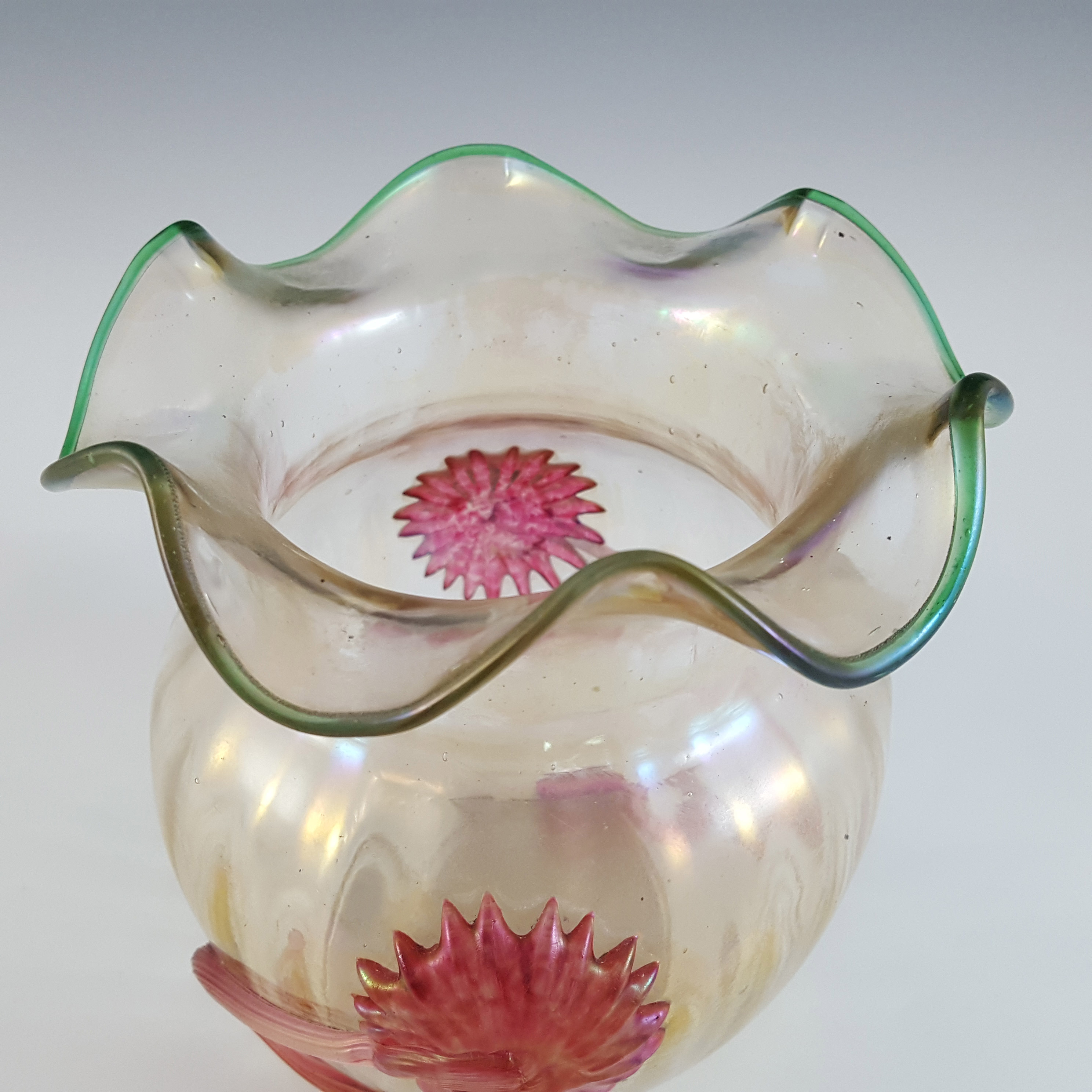 (image for) Kralik Art Nouveau Iridescent Glass Applied Flower Vase - Click Image to Close