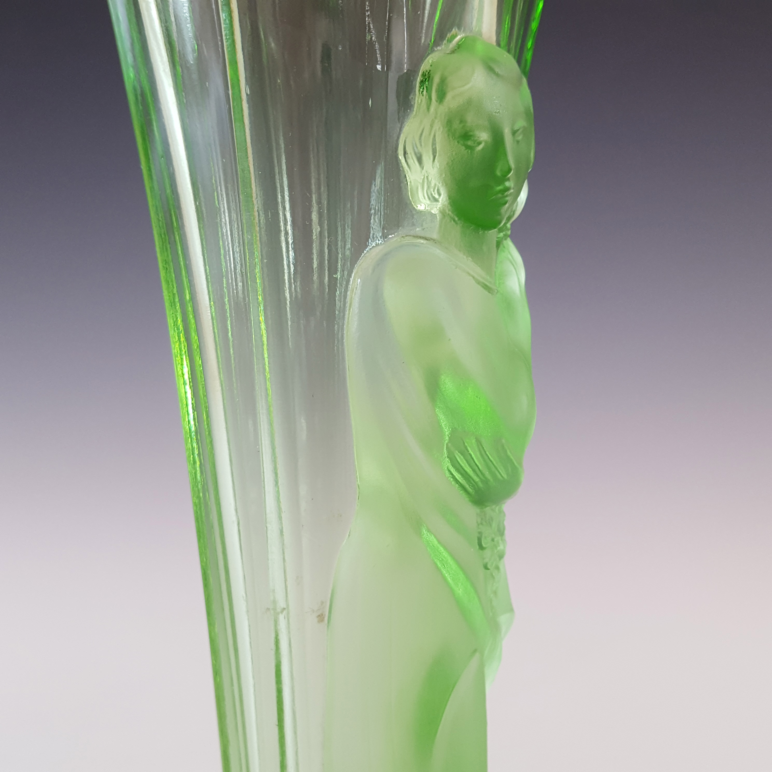 (image for) Art Deco Uranium Green Frosted Glass Oriental Lady Vase - Click Image to Close