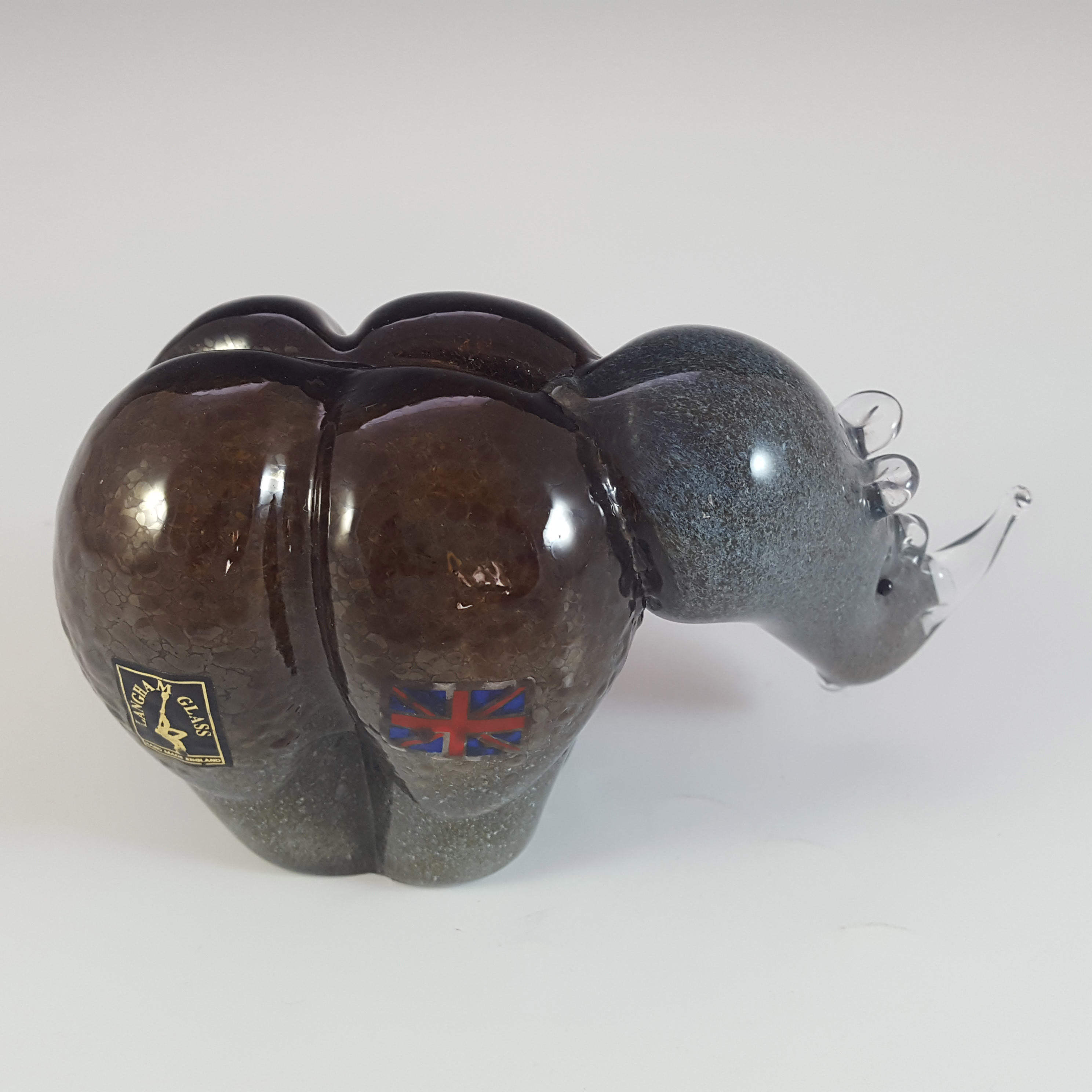 (image for) SIGNED & LABELLED Langham Grey & Brown Glass Rhino Sculpture - Click Image to Close