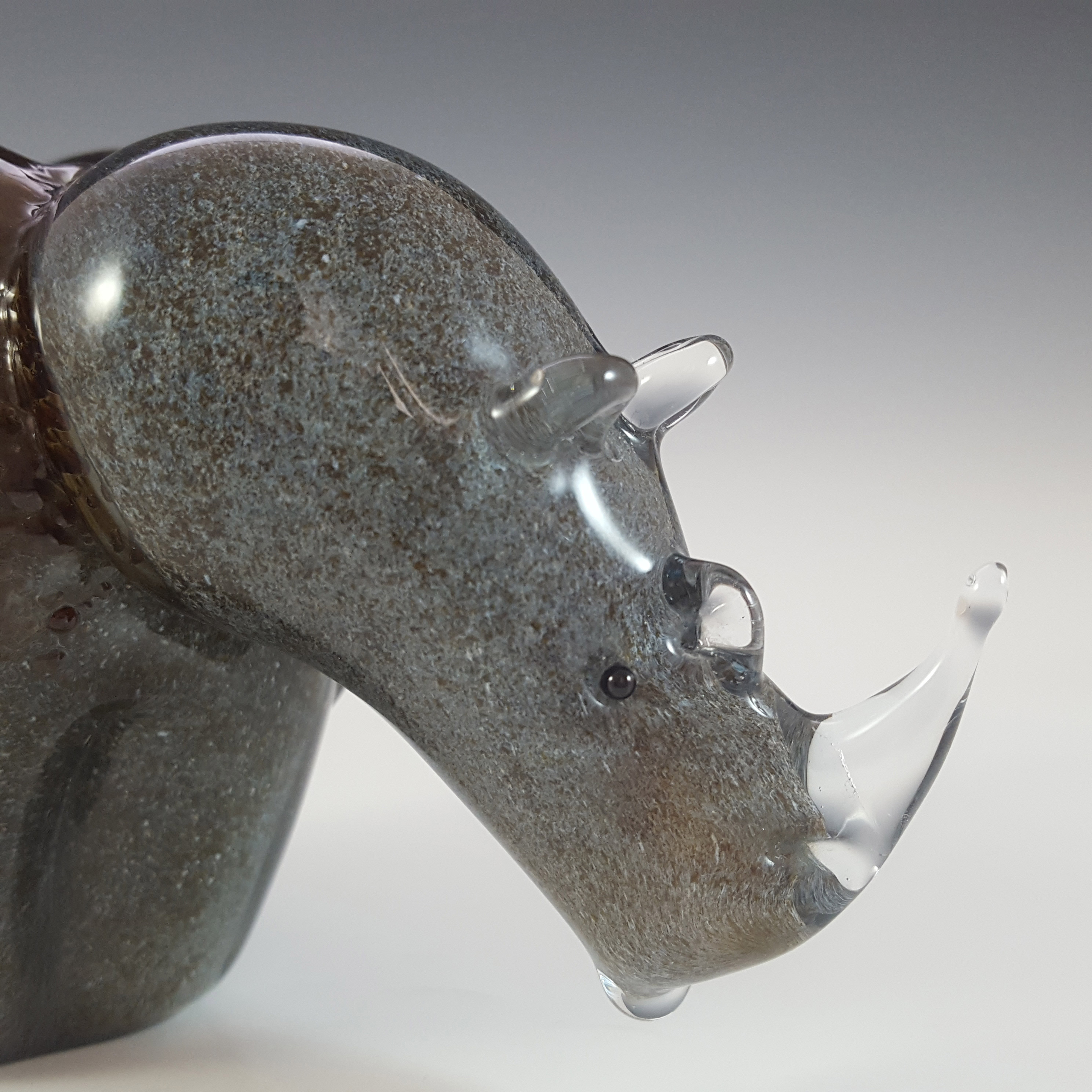 (image for) SIGNED & LABELLED Langham Grey & Brown Glass Rhino Sculpture - Click Image to Close