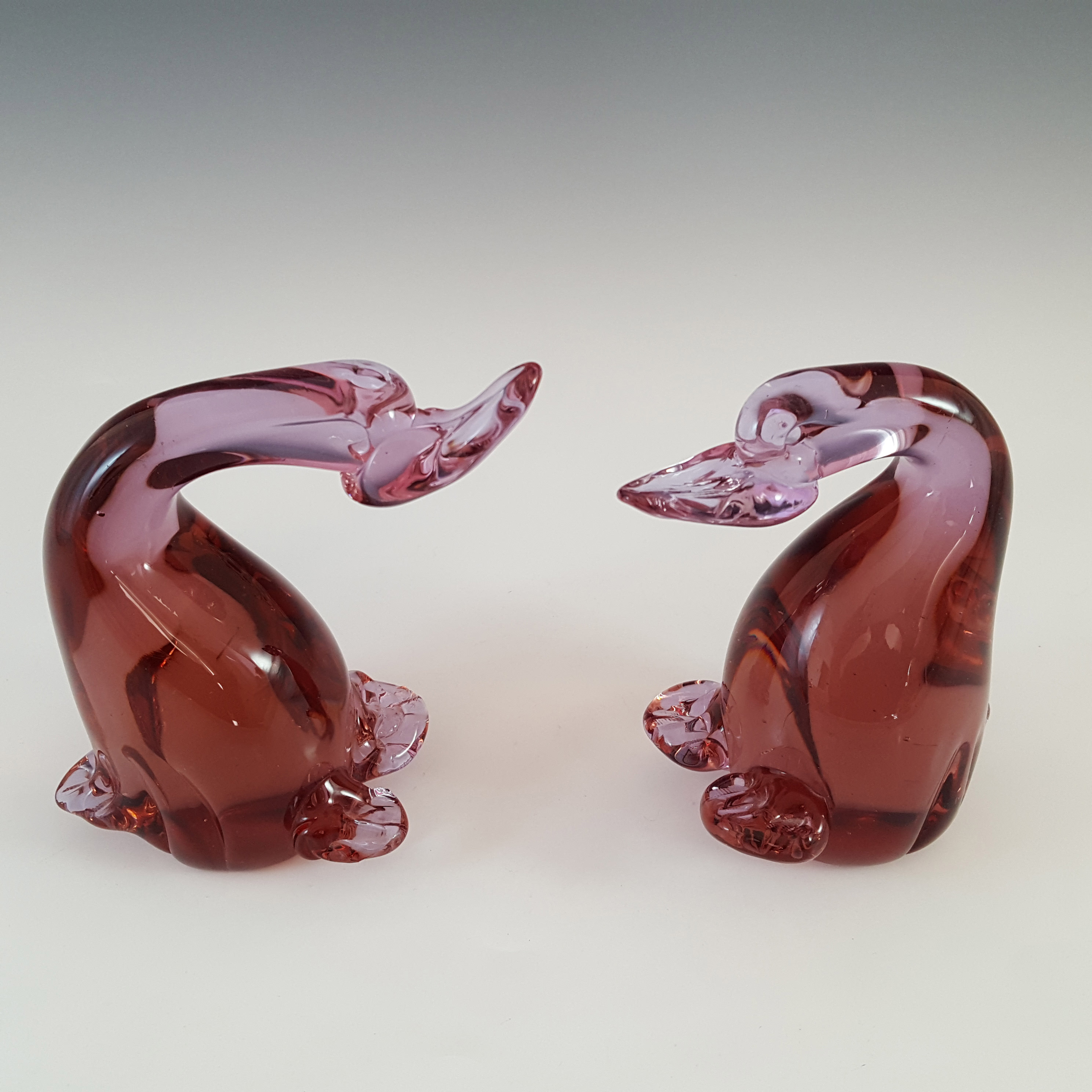 Pair of Vintage Hand Blown Pink Glass Ducks - Click Image to Close