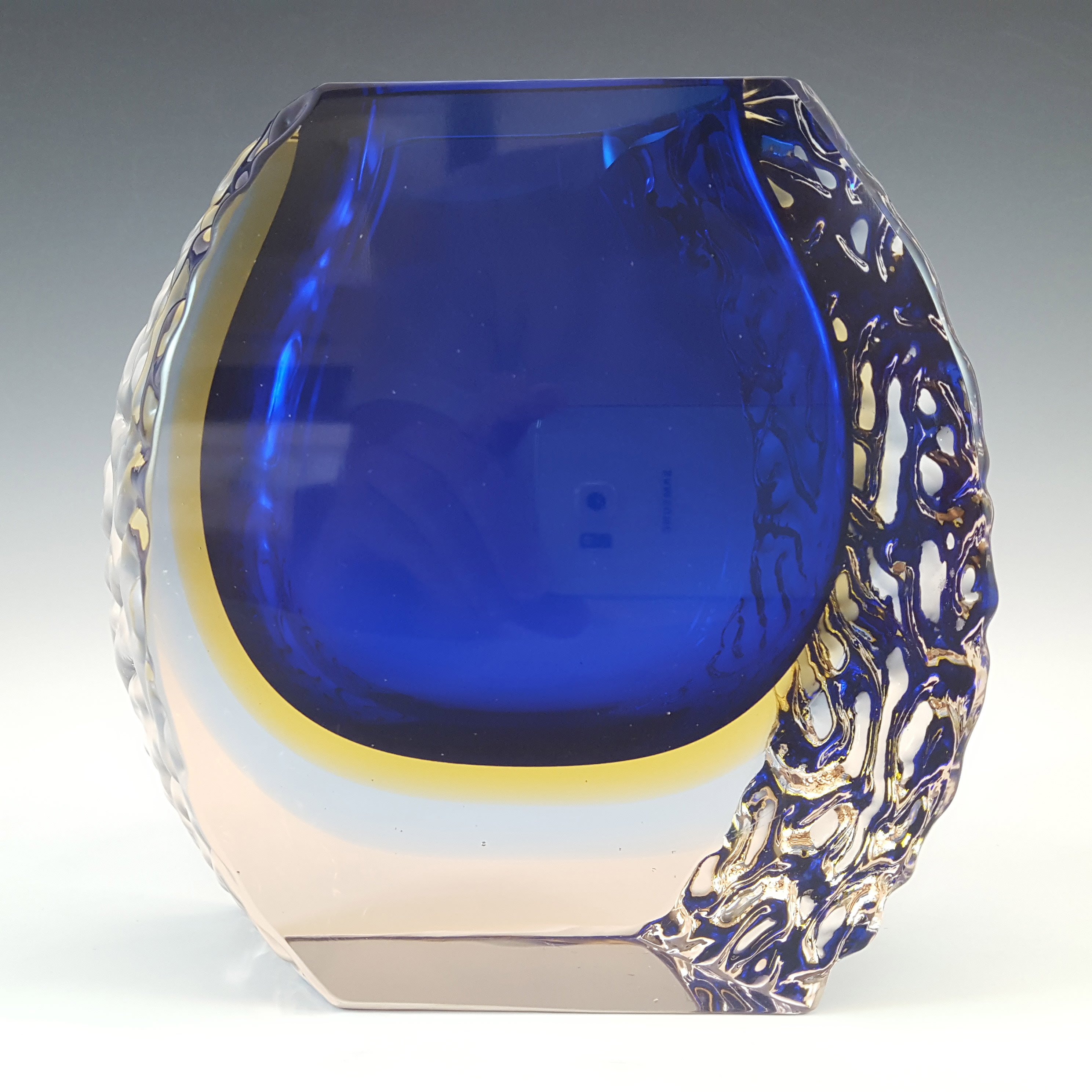 Murano Faceted, Textured Blue & Amber Sommerso Glass Vase - Click Image to Close