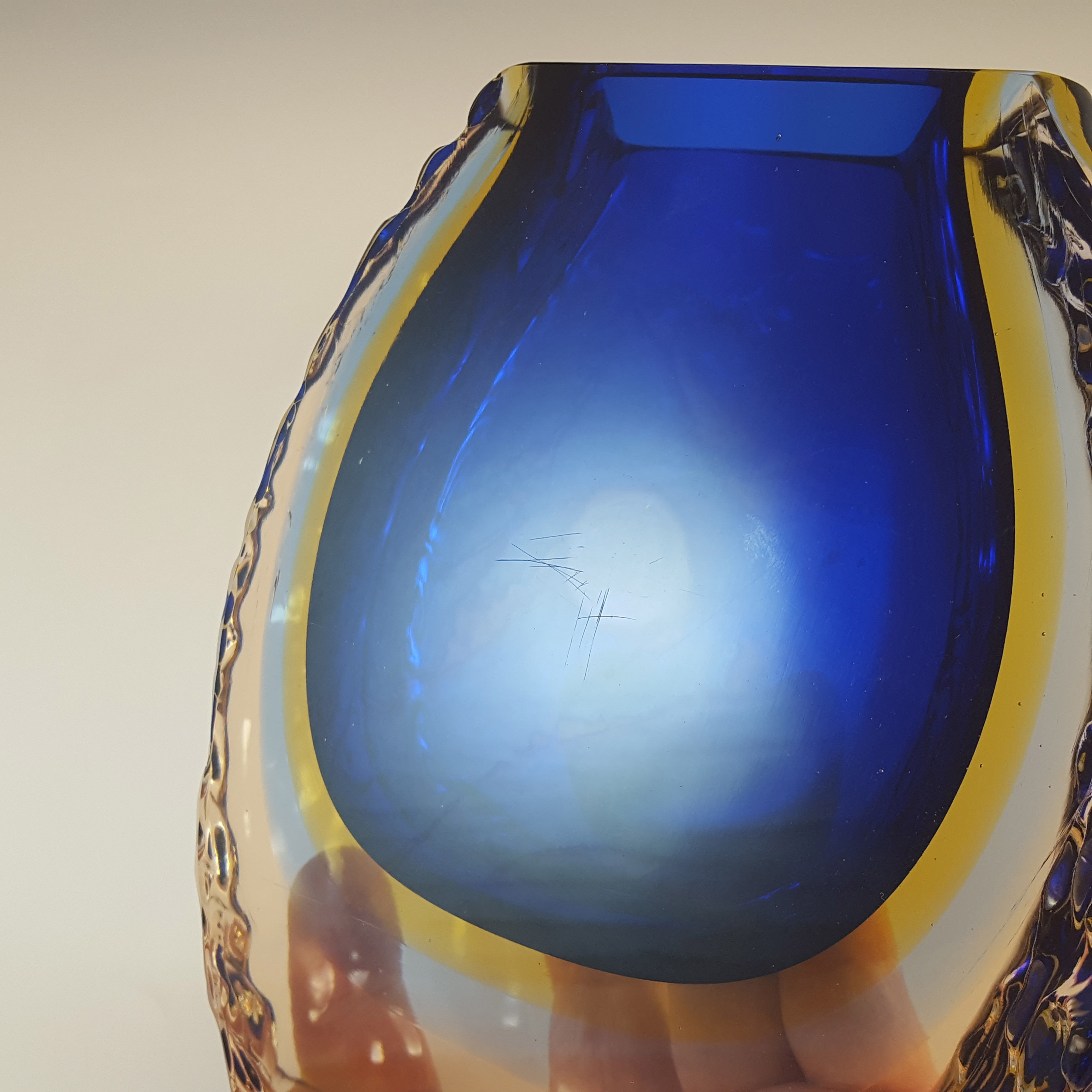 (image for) Murano Faceted, Textured Blue & Amber Sommerso Glass Vase - Click Image to Close