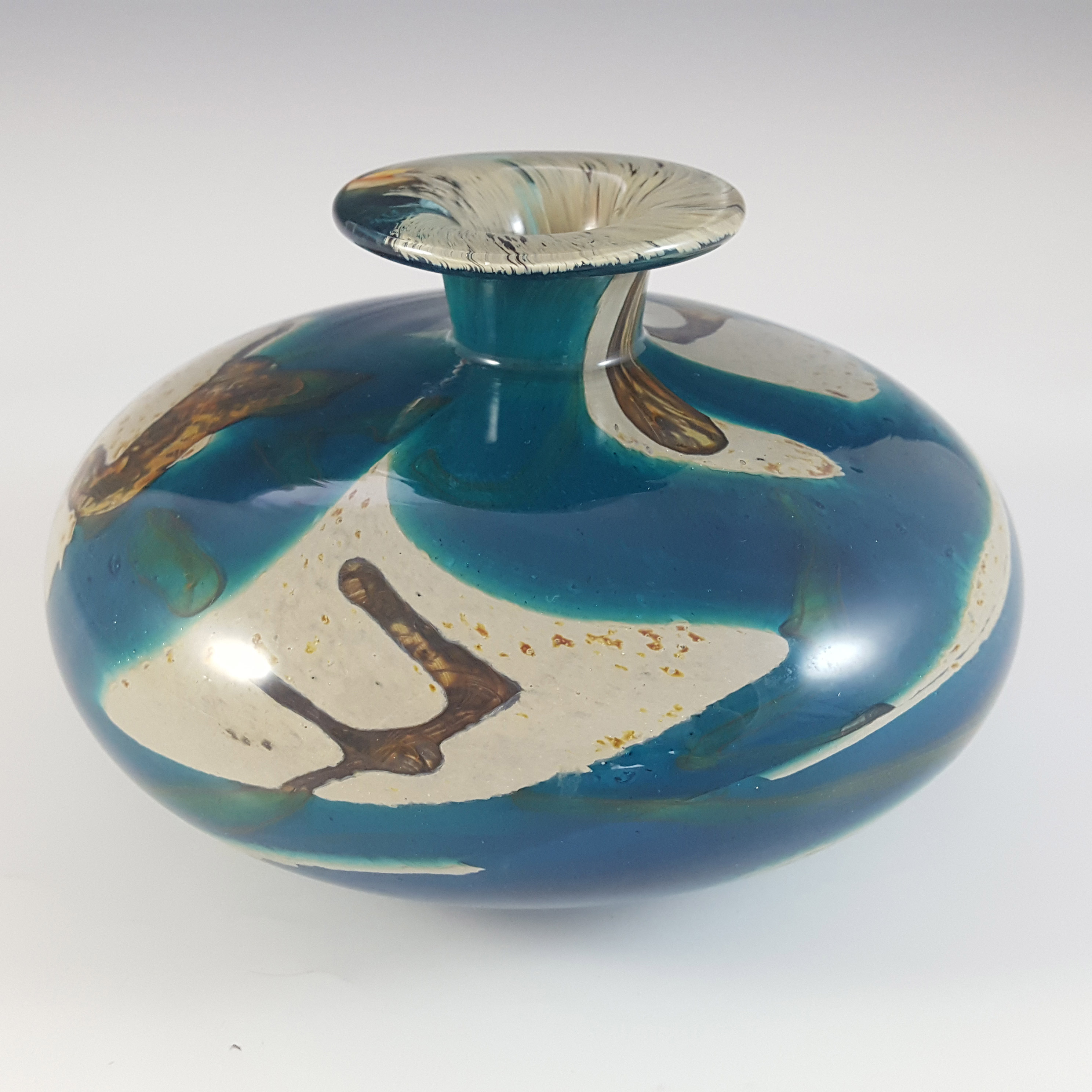 (image for) Mdina 'Tiger' Maltese Blue & Brown Glass Squat Vase - Signed - Click Image to Close