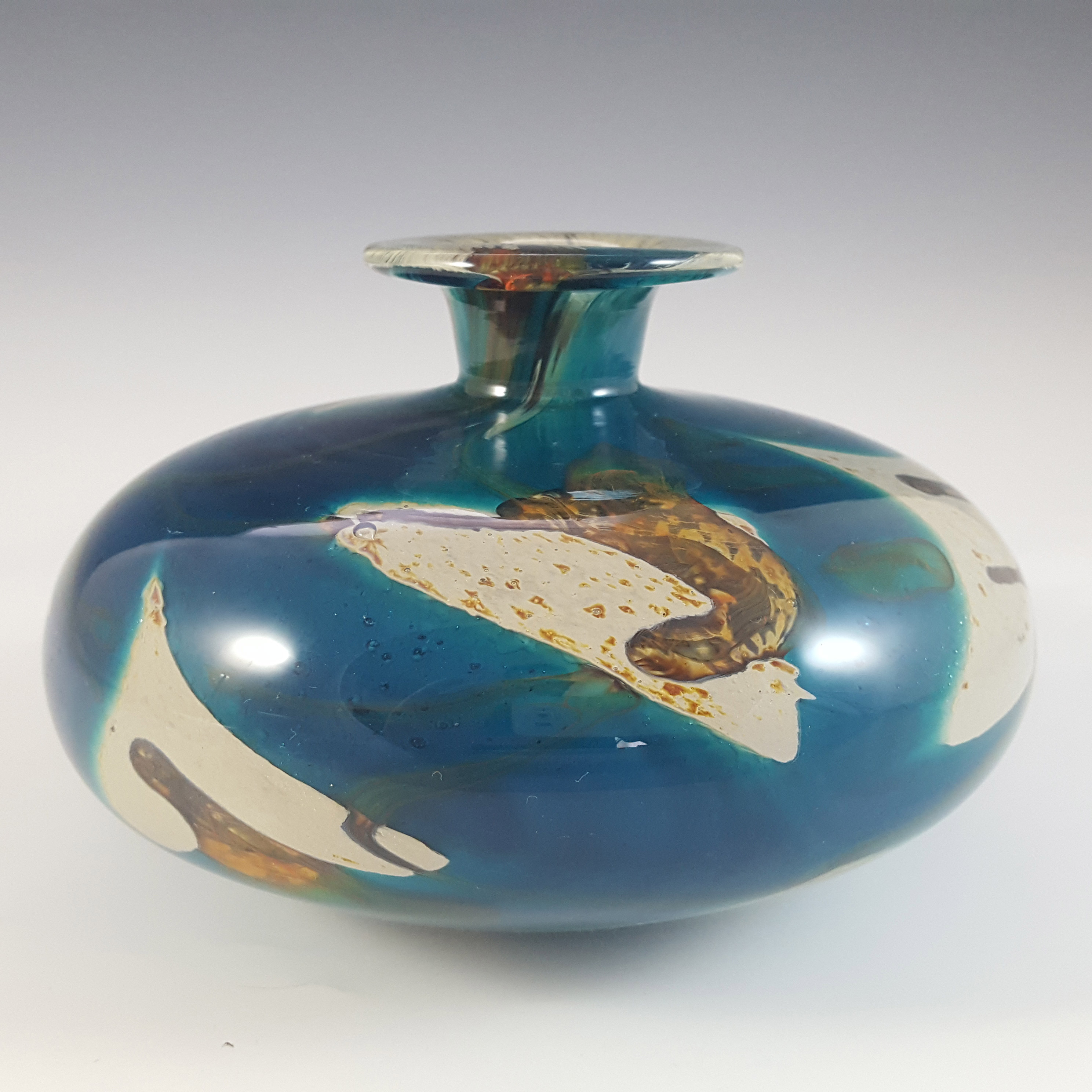 (image for) Mdina 'Tiger' Maltese Blue & Brown Glass Squat Vase - Signed - Click Image to Close