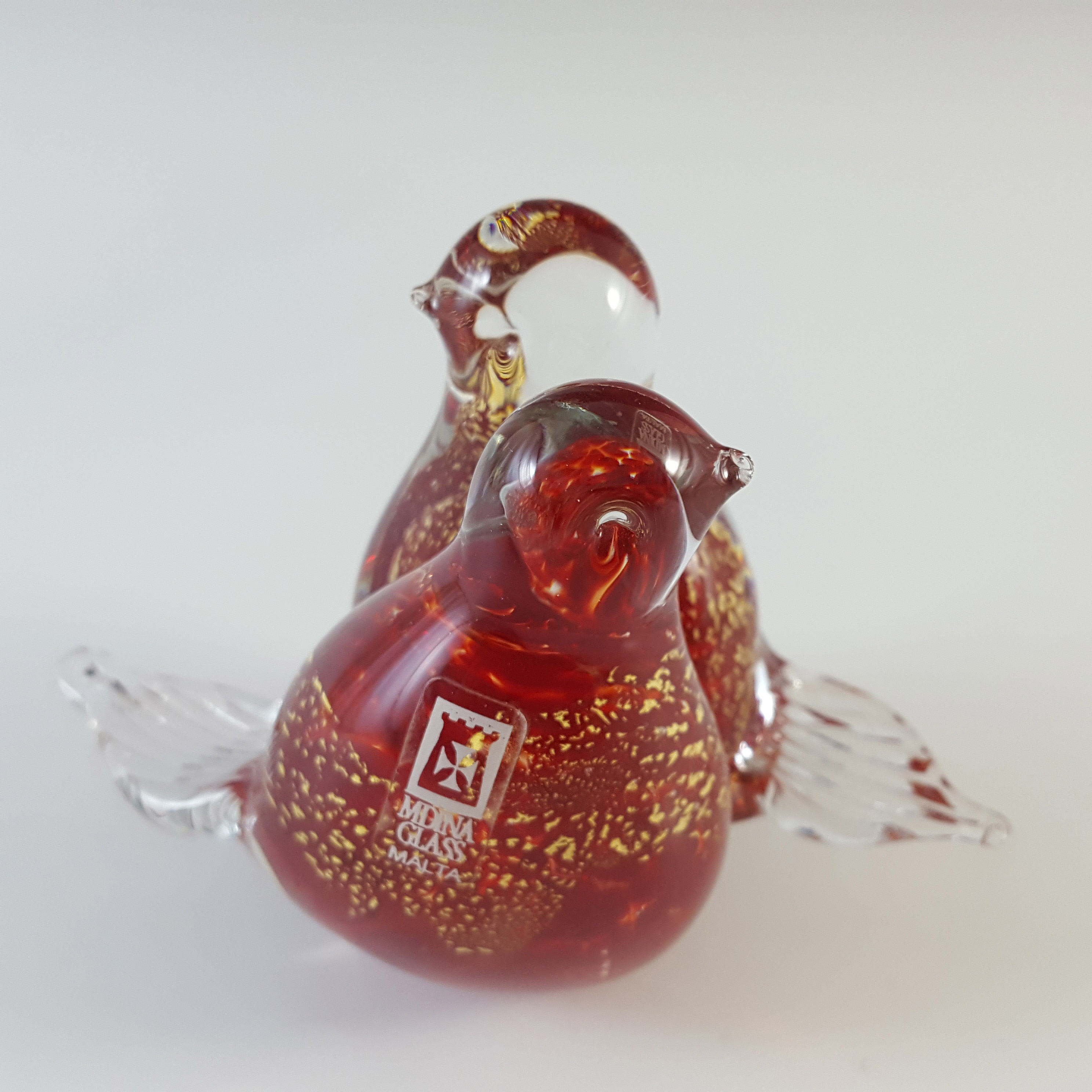 Mdina Maltese Red & Gold Leaf Glass Lovebirds Sculpture - SIGNED - Click Image to Close