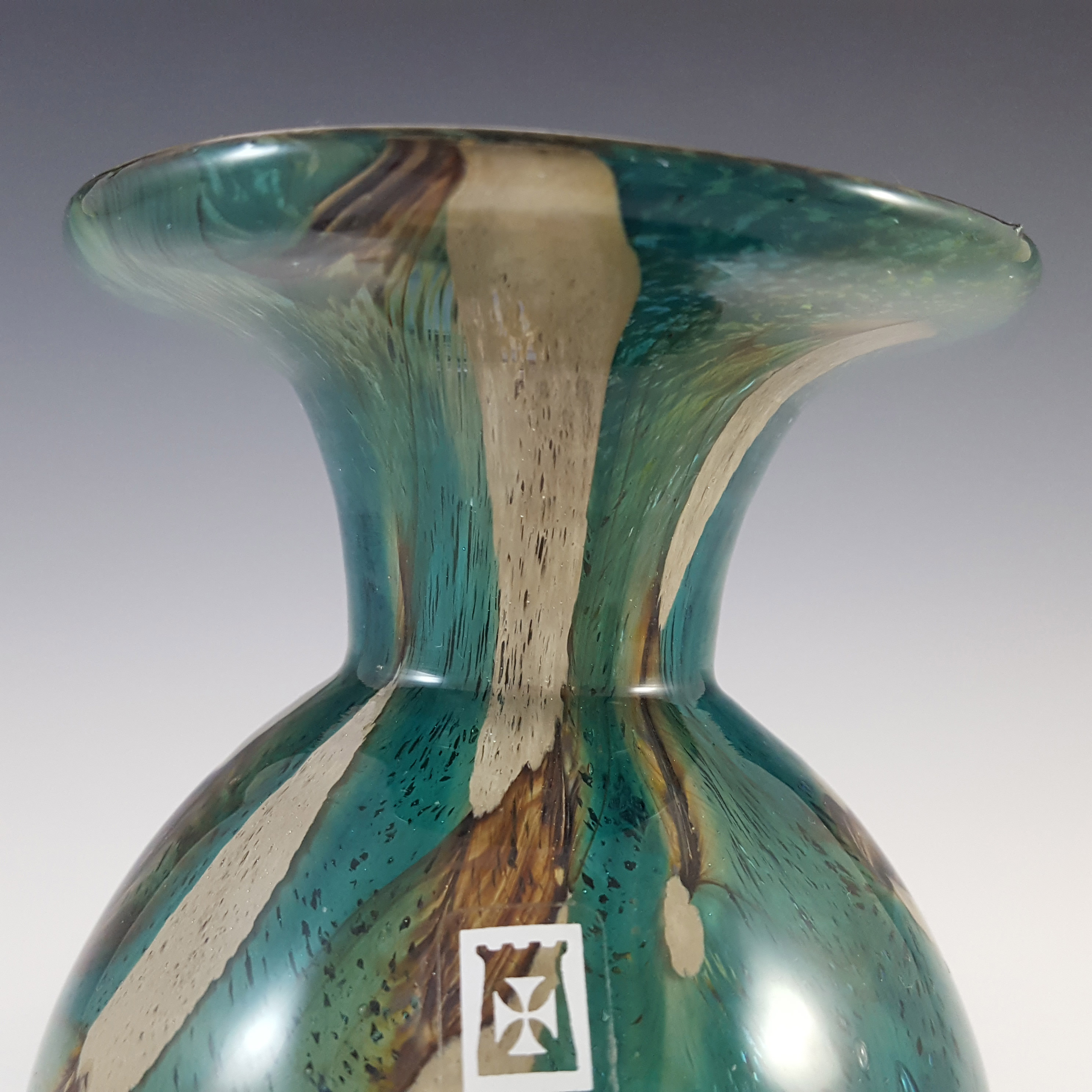 Mdina 'Tiger' Maltese Blue & Brown Glass Vase - Signed - Click Image to Close