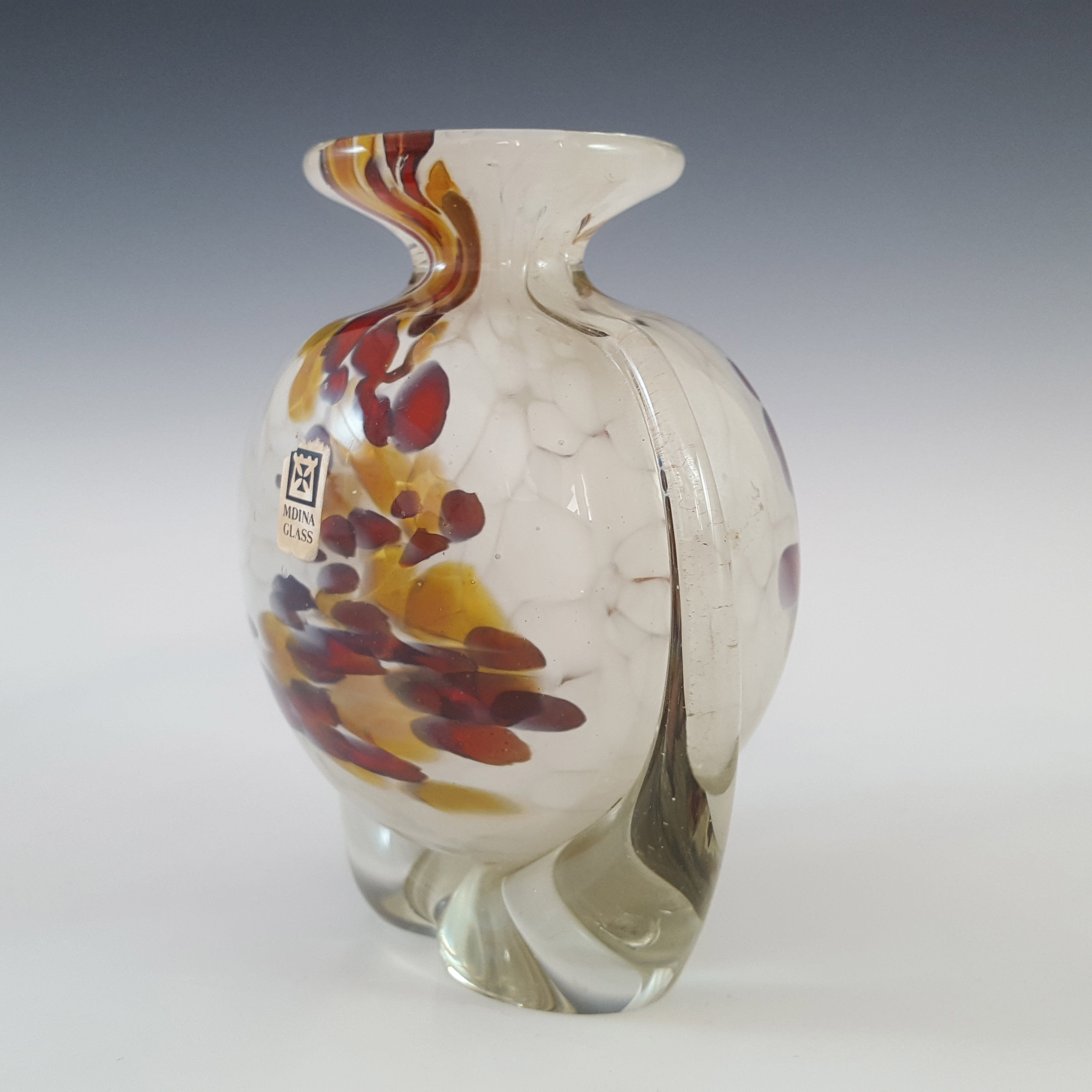 SIGNED Mdina Maltese Brown & White Vintage Glass 'Side Stripe' Vase - Click Image to Close