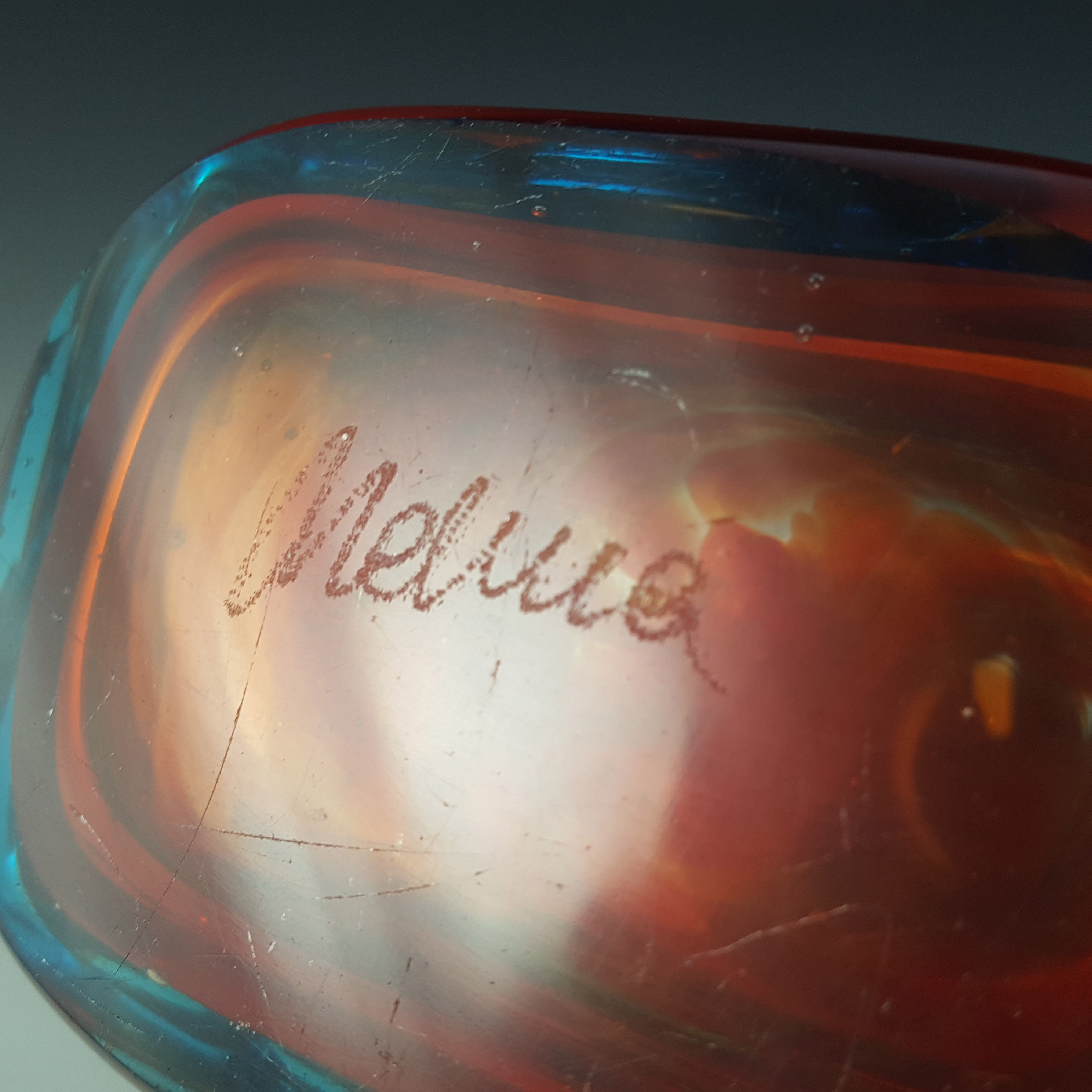 SIGNED Mdina Maltese Red & Blue Glass Threaded Bottle - Click Image to Close