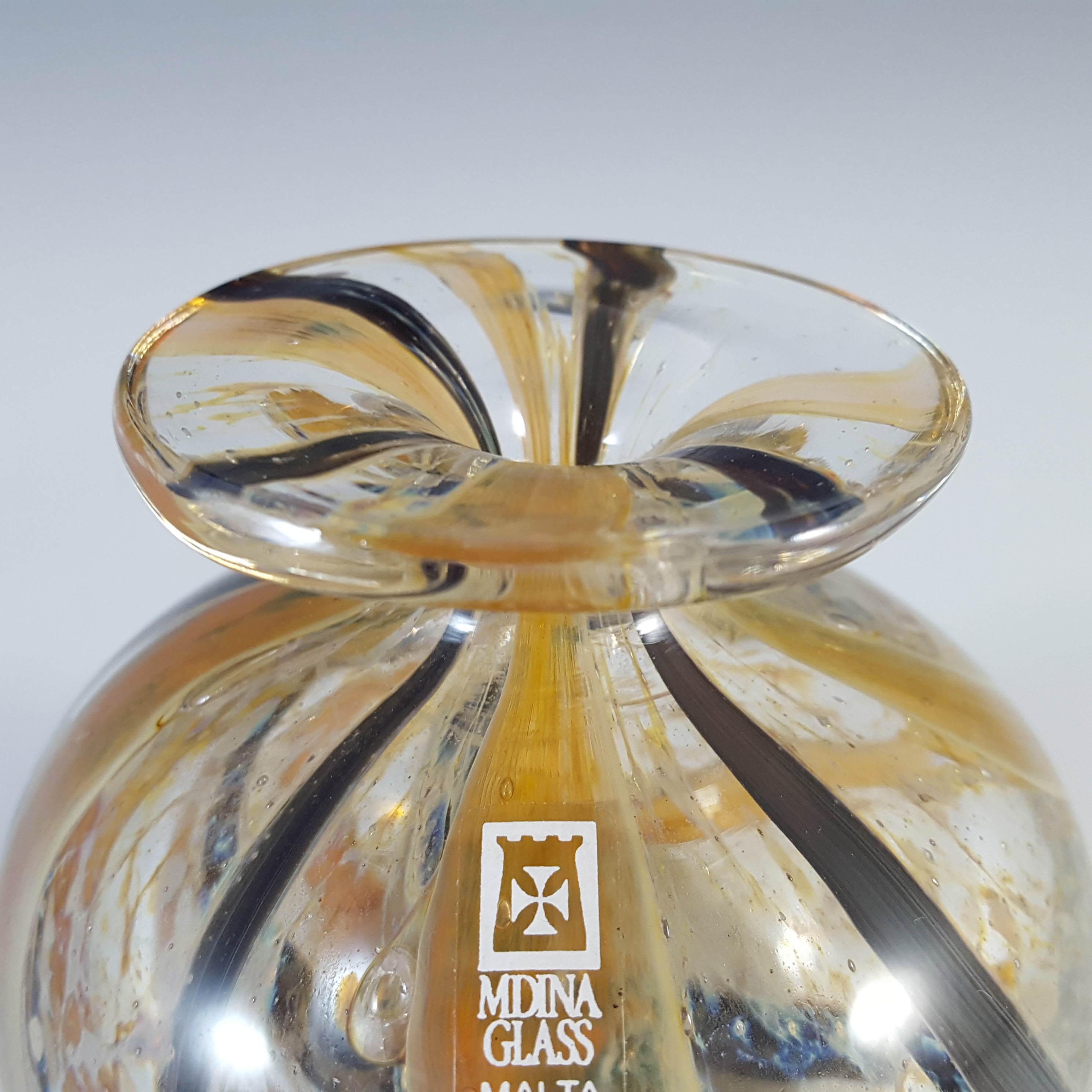 Mdina Maltese Brown & Black Striped Glass Vase - SIGNED & LABELLED - Click Image to Close