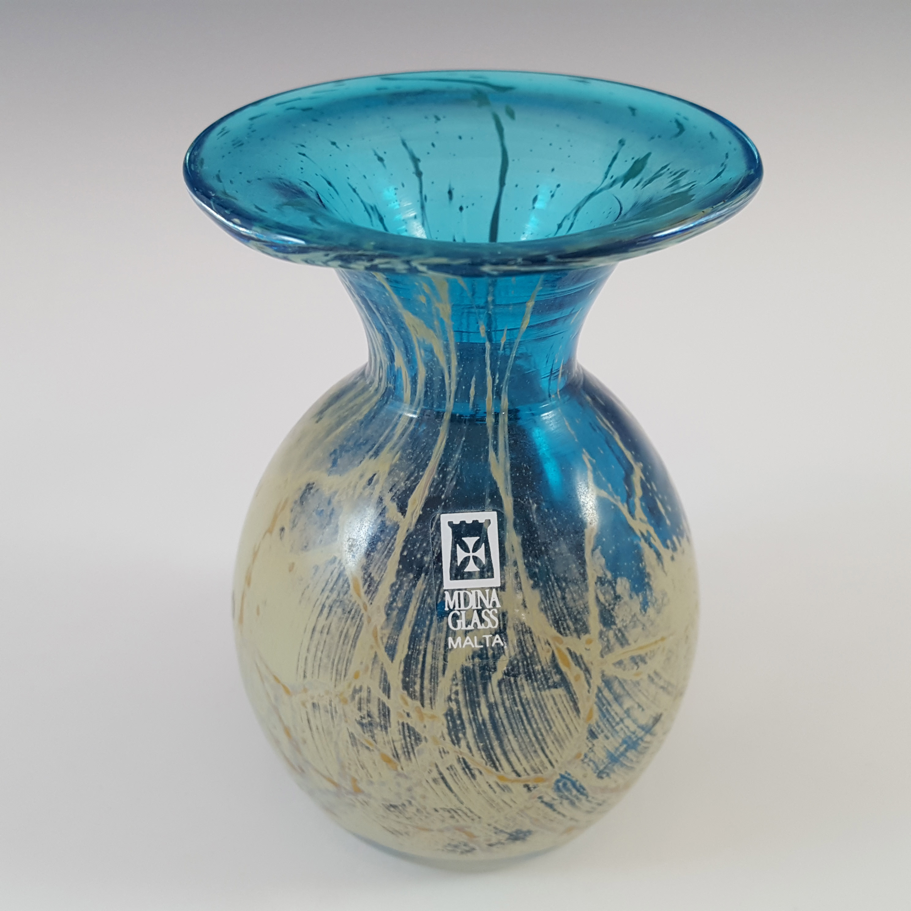 (image for) Mdina 'Blue Crizzle' Maltese Blue & Sandy Glass Vase - Boxed & Signed - Click Image to Close