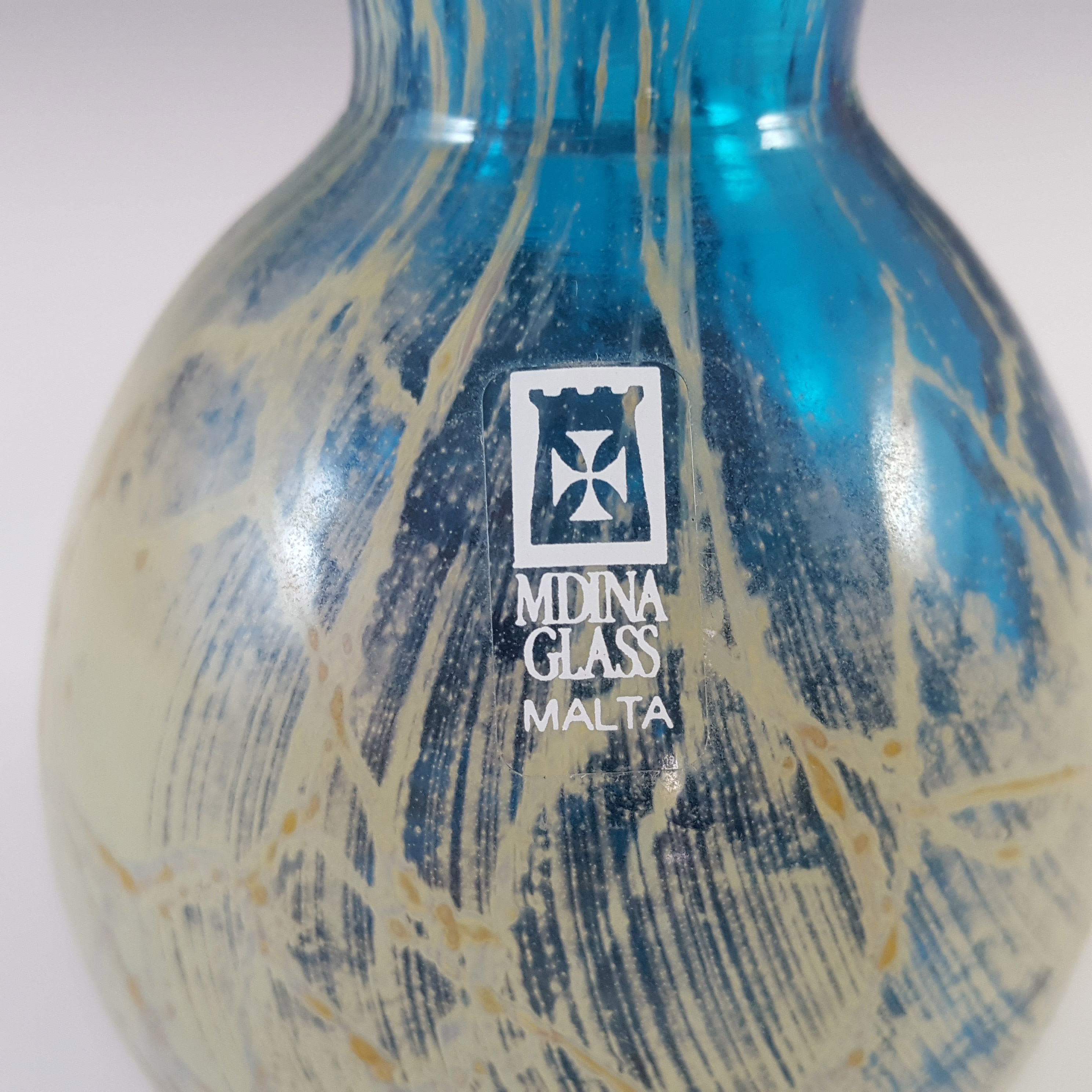 (image for) Mdina 'Blue Crizzle' Maltese Blue & Sandy Glass Vase - Boxed & Signed - Click Image to Close