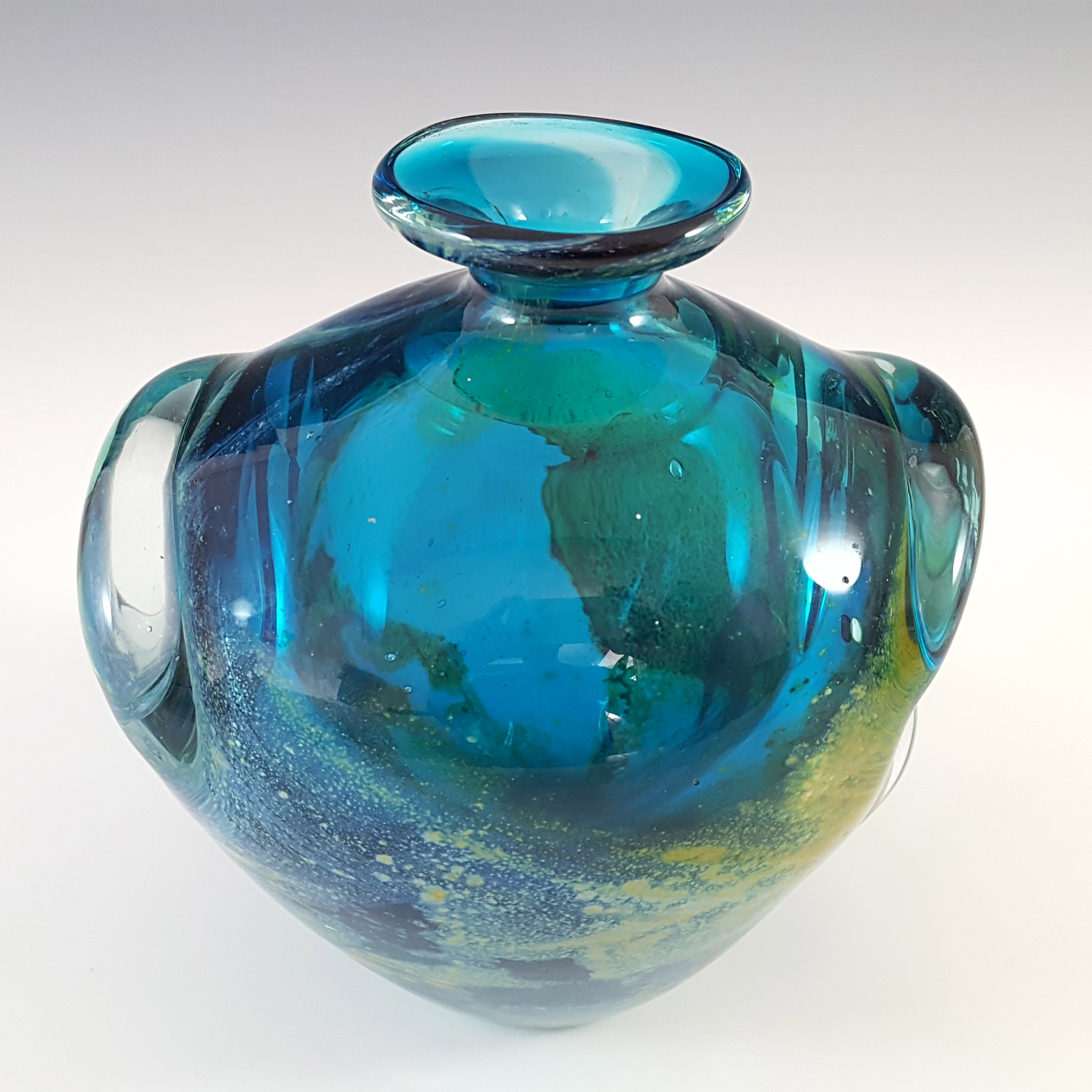 Mdina 'Blue Summer' Maltese Blue & Yellow Glass 'Pulled Ear' Vase - Signed - Click Image to Close